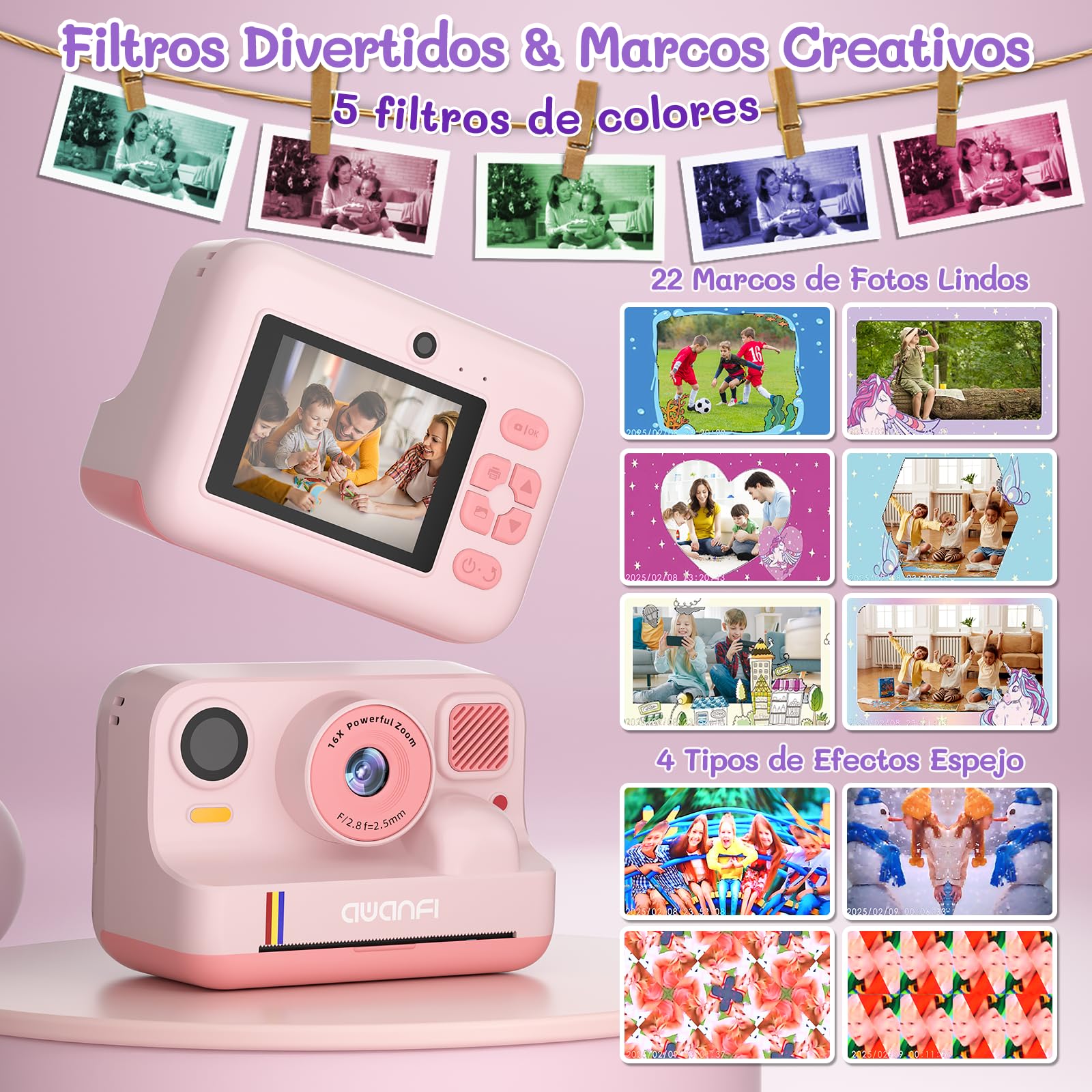 Camara Fotos Infantil Instantanea, 2,4 Pulgada Cámara de Fotos para Niños, con Tarjeta de 32G, 3 Rollos de Papel de Impresión, 1080P Cámara Instantánea, Regalo para Niños y Niñas de 3 a 12 Años