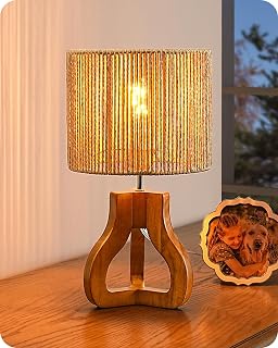 EDISHINE 14.6" Rose Wood Tripod Table Lamp - Handwoven Paper Rope Shade Rattan Bedside Nightstand Lamp for Bedroom, Living Room, Office E26 Base