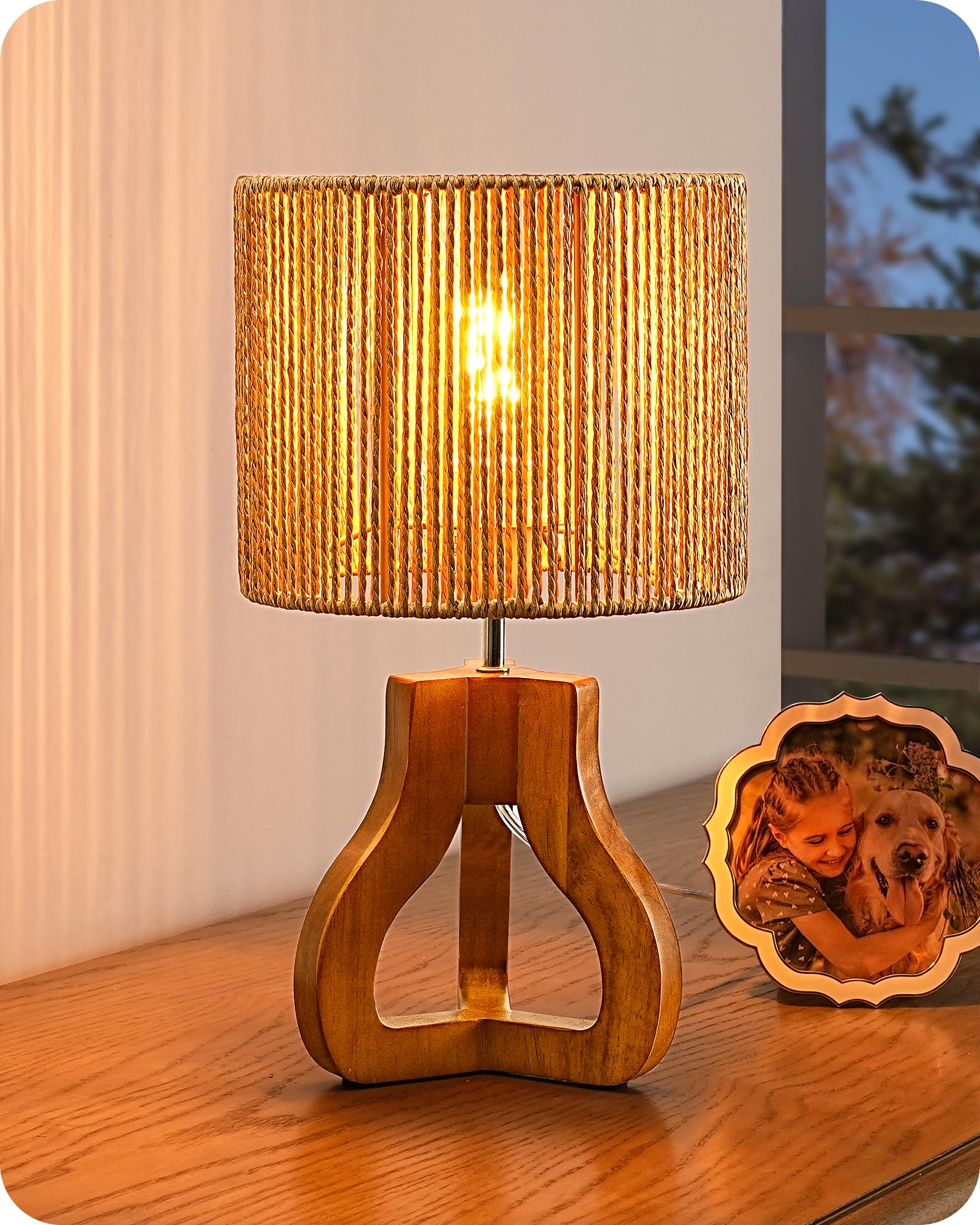 EDISHINE Small Table Lamp Rose Wood Tripod Nightstand Lamp Handwoven Paper Rope Shade 14 6 Rattan Bedside Lamp