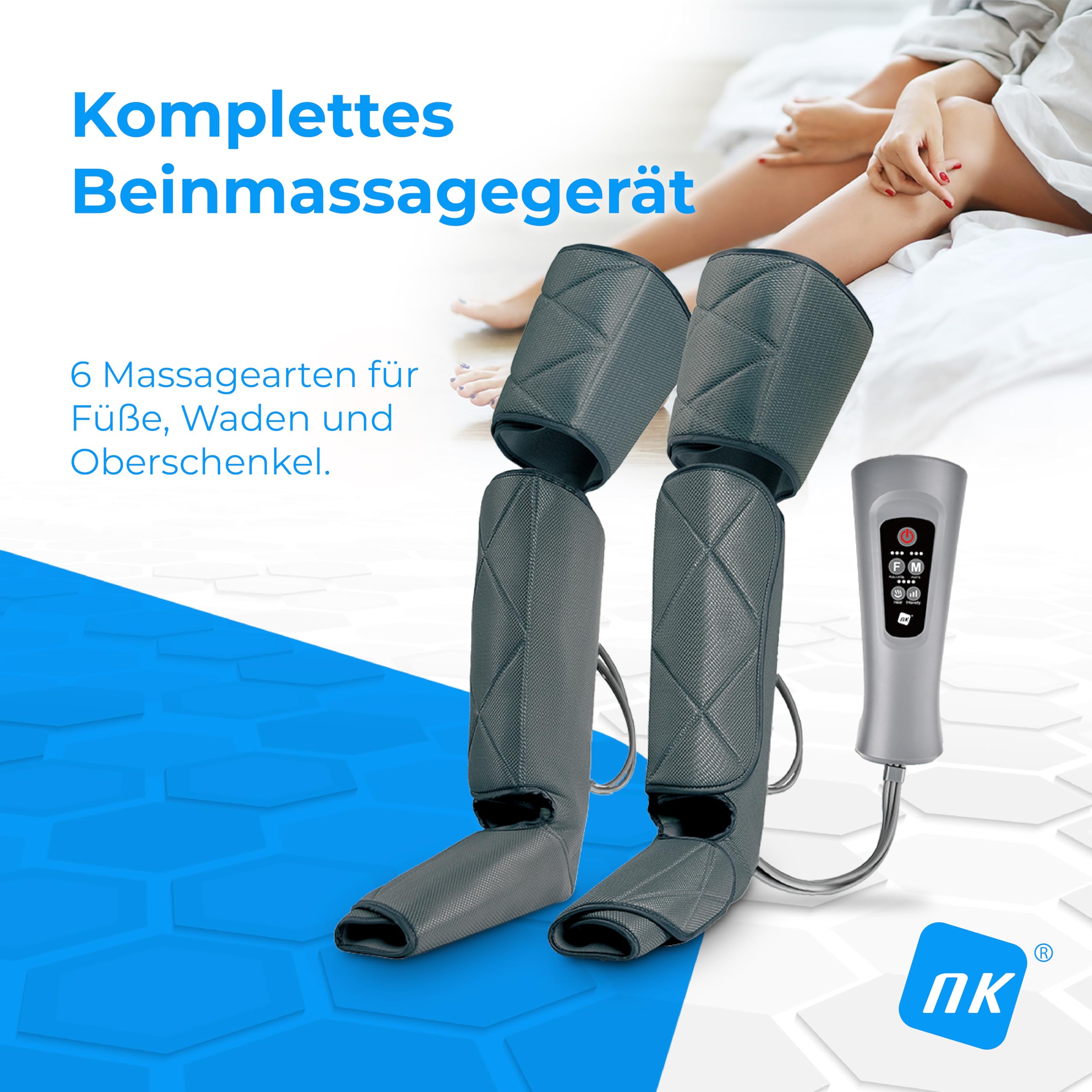 NK Beinmassagegerät mit Luftkompression und Wärmefunktion, 6 Massageprogramme, 4 Intensitätsstufen, 15-Minuten-Timer, Steuergerät mit Tasten, zur Muskelentspannung und für müde Beine