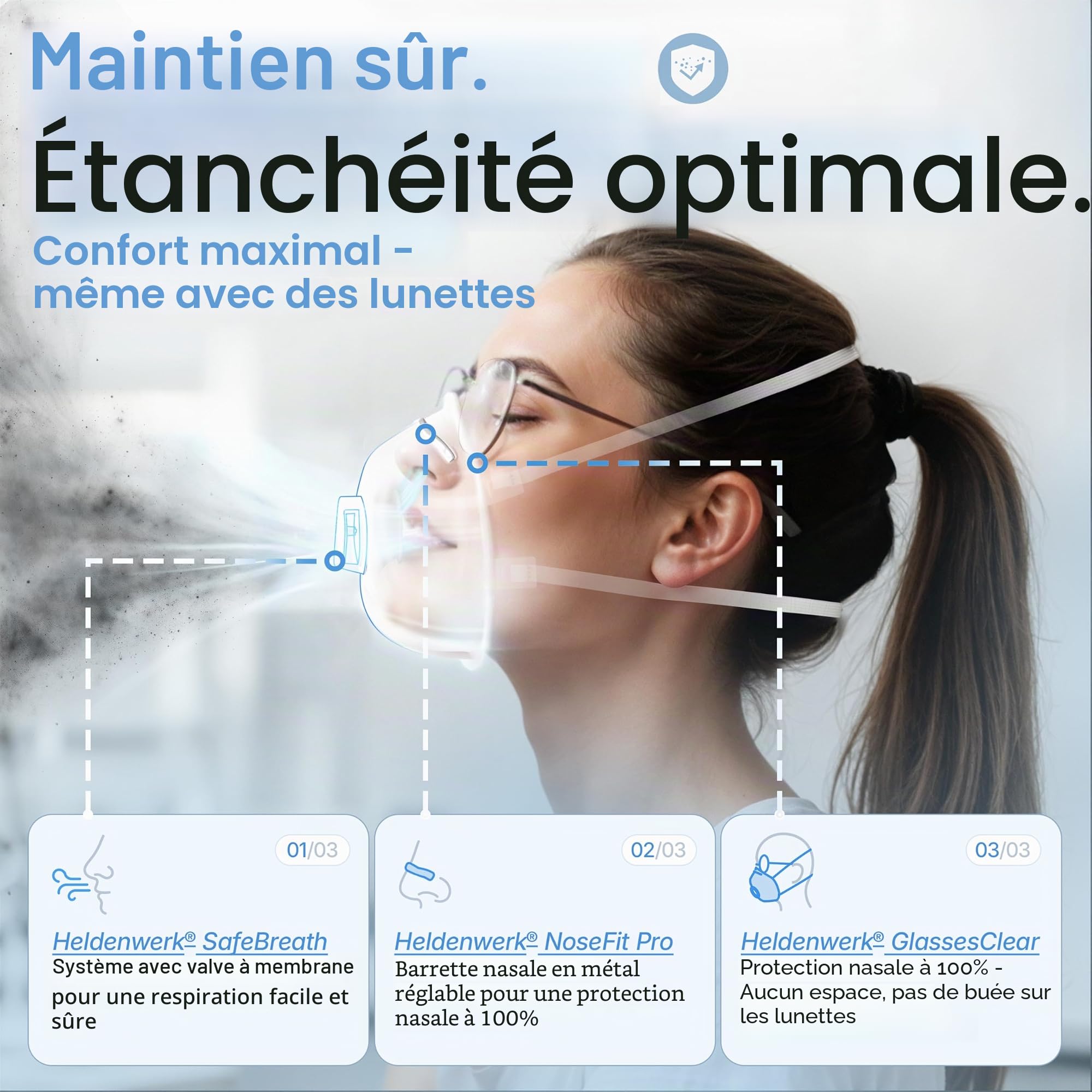 HELDENWERK® FFP3 Masque avec valve – Lot de 5, 10 ou 20 – Masque de protection respiratoire/Masque anti-poussière certifié valve de respiration – Masques anti-poussière avec bandeau arrière réglable