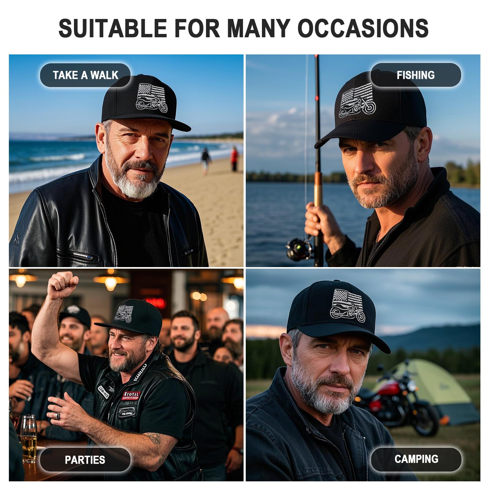 Gorra de béisbol patriótica de tamaño ajustable para motocicleta, regalos para hombres, reuniones de bicicleta o salidas casuales, Negro, Mediana 5