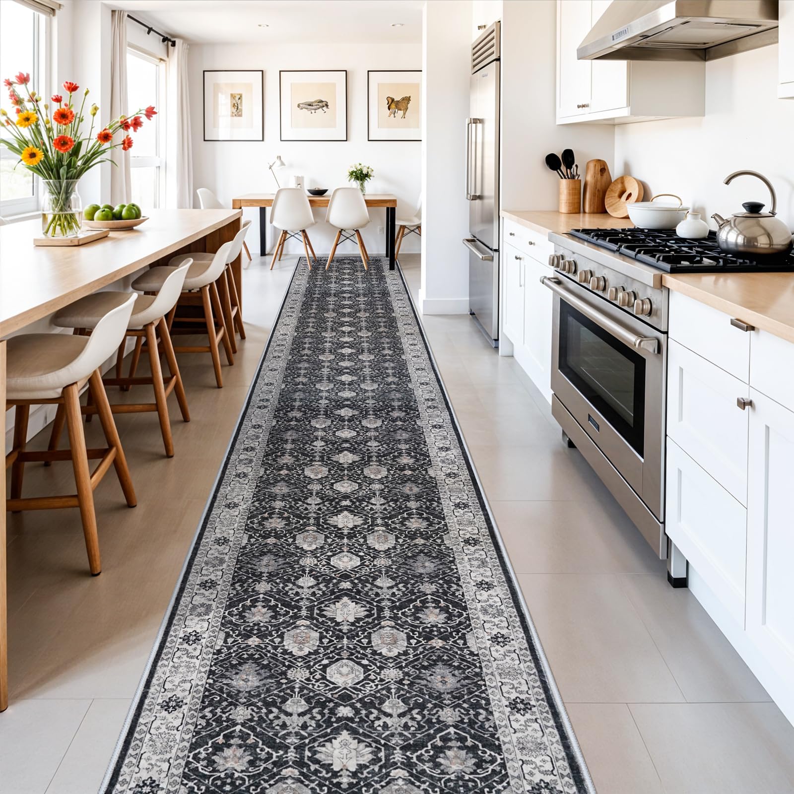 Hallway Washable Runner Rug - 3x16 Kitchen Rugs Entryway Rug Runner Vintage Soft Floor Mat Non Slip Indoor Farmhouse Carpet for Bathroom Living Room Bedroom (3 X 16, Black)OEKO-TEX STANDARD 100