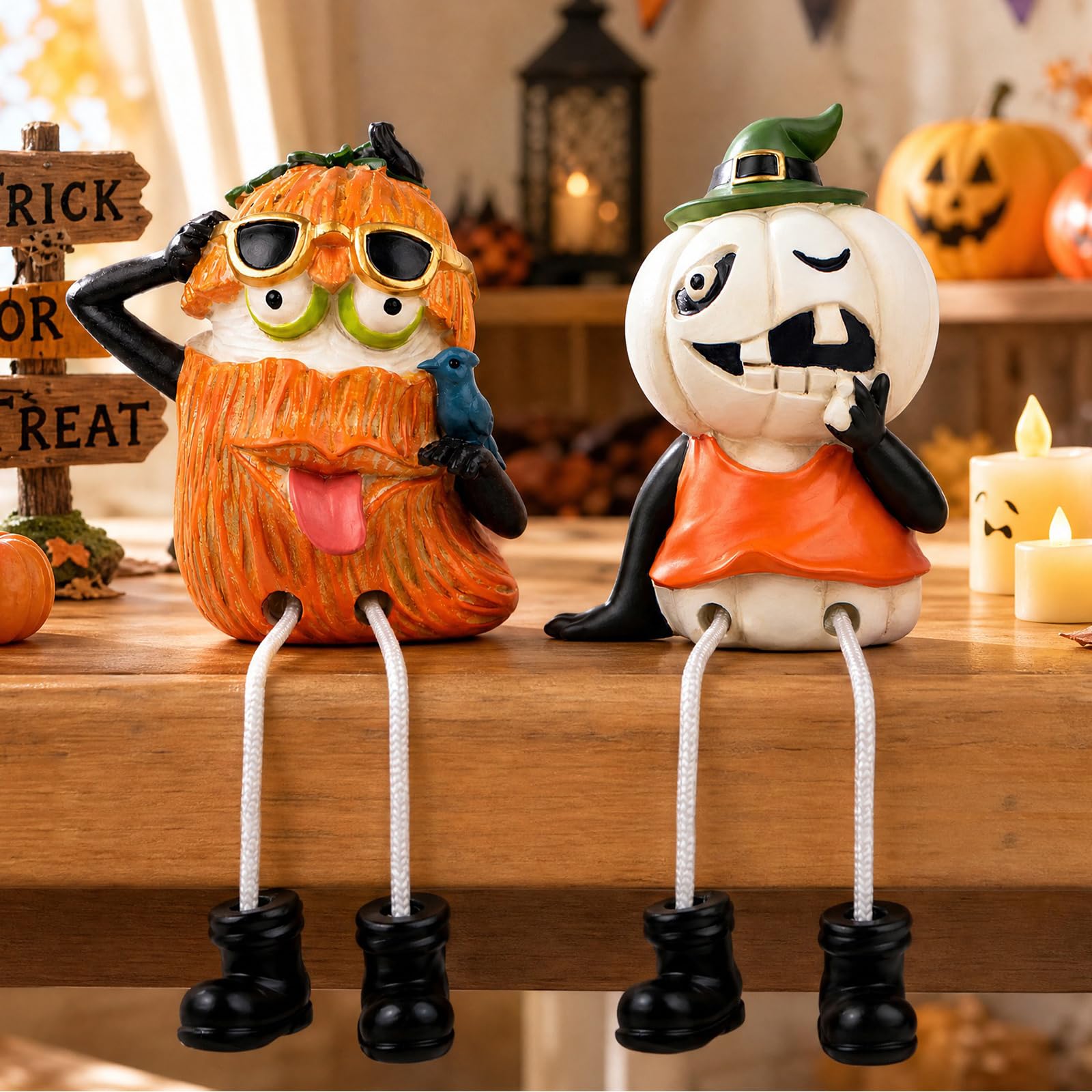 XJar Set di 2 statuette da mensola, zucche di Halloween con gambe