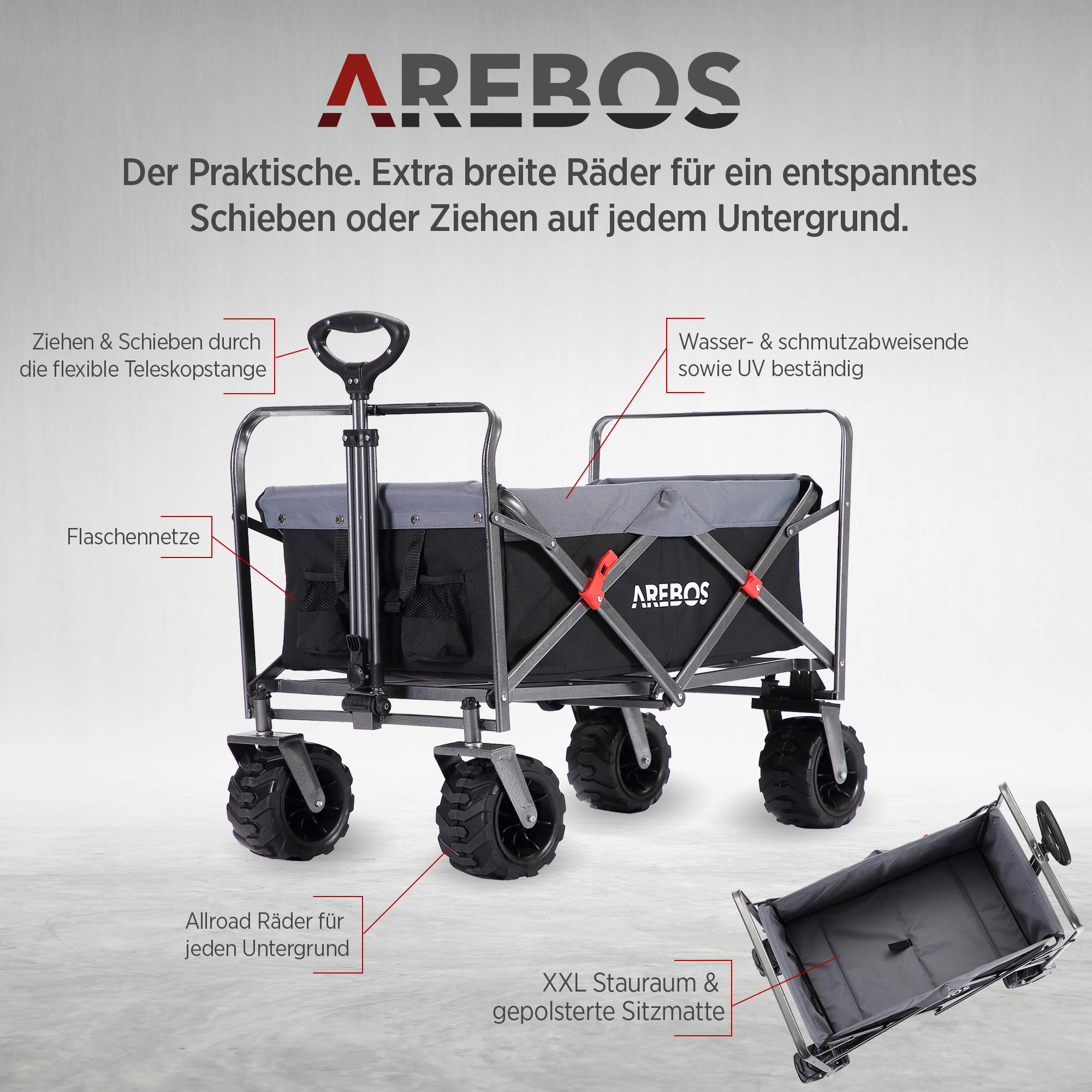 Arebos Bollerwagen faltbar | Handwagen | Faltwagen | Gerätewagen | klappbar | bis 100 kg Tragkraft | Wasser- & schmutzabweisend | Schwarz