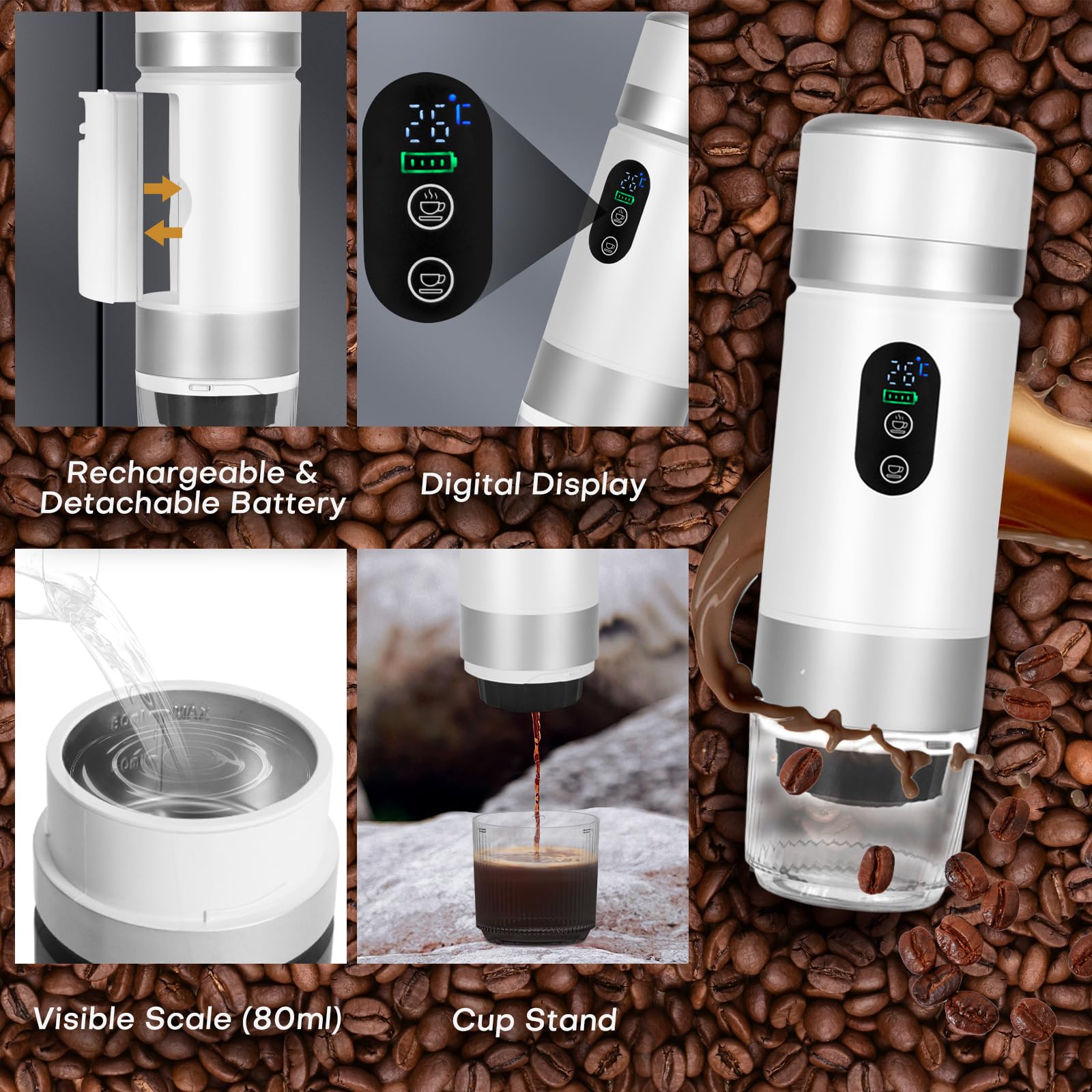Cafetera de Cápsulas Portátil, 3 en 1 Cafetera Espresso para Cápsulas y Café Molido, Máquina de Espresso Eléctrica de Calentamiento Rápido para Oficina, Viaje, Camping y Hogar (Negro)