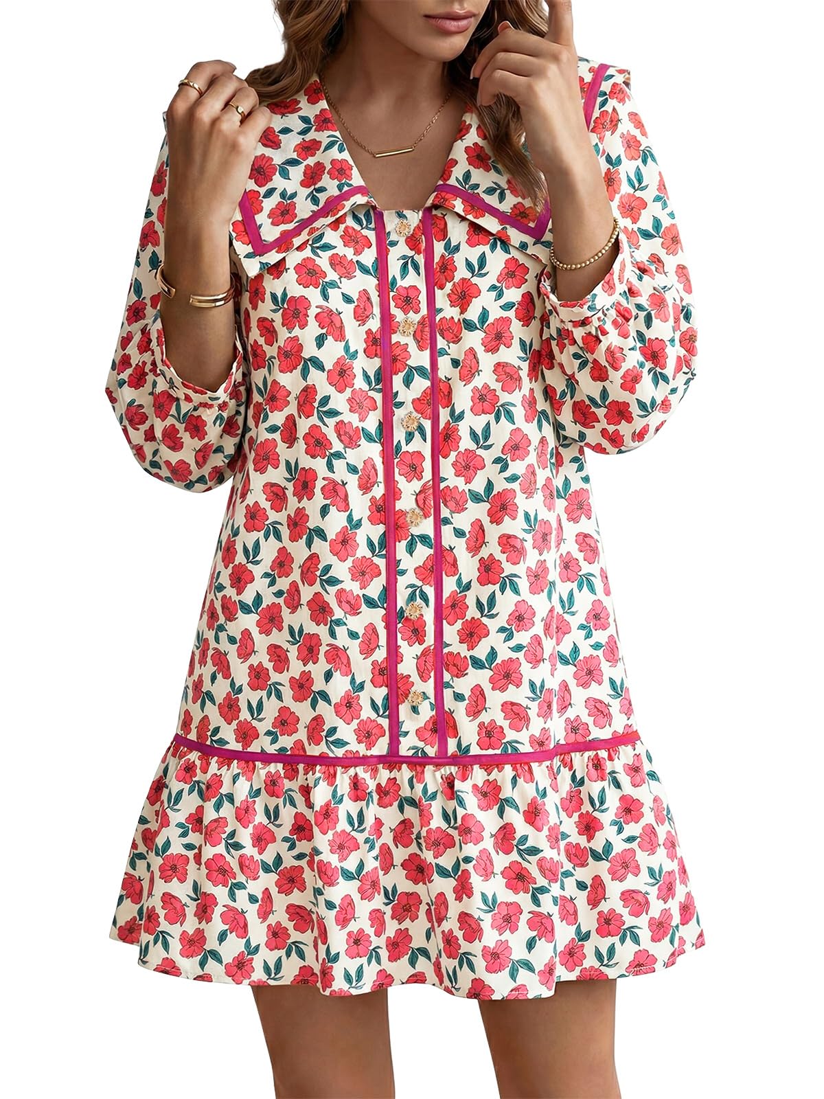 Wenrine Camicia casual da donna a 3/4 a maniche lunghe floreale abbottonata fluida babydoll autunno mini abito