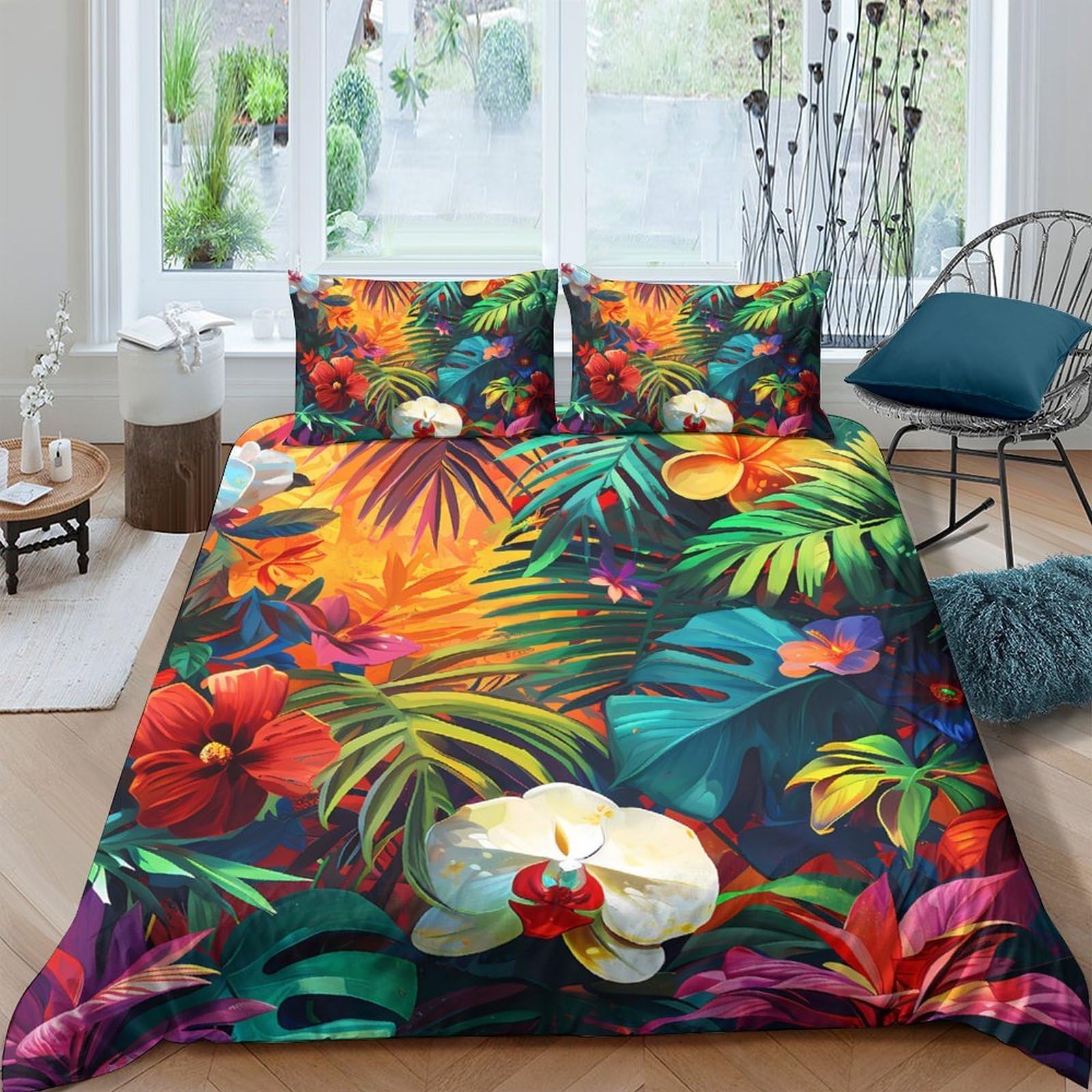 Ctjqhvkz Style-4 3D Printed Tropical Rainforest Fitted Sheet Microfiber Floral Mattress Cover Soft Green Orange Bedroom Decor Single（135X200cm）