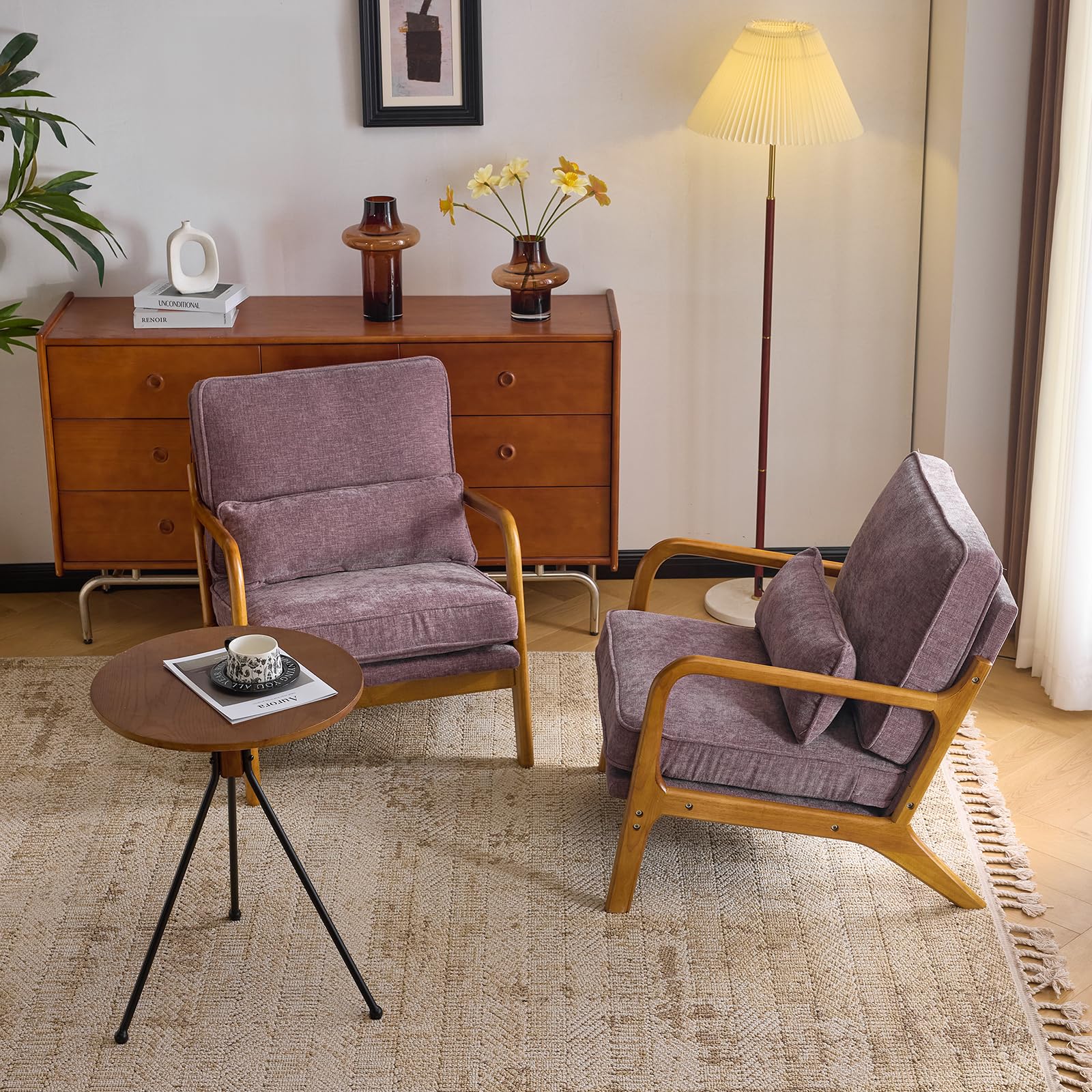Bonnlo Accent Chair, Soild Wood Padding Lounge Armchairs Set of 2, Occasional Reading Chair with Cushions and Lumbar Pillow, Armchairs for Living Room, Bedroom, Guest Room, Chenille, Light Purple