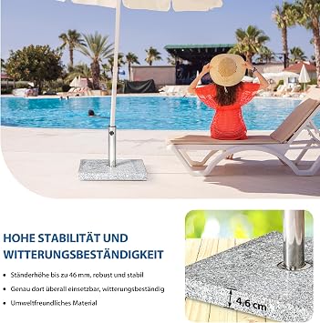 paramondo Square Granite Parasol Base 48 x 48 cm with Adapter Sleeves for Medium Parasols