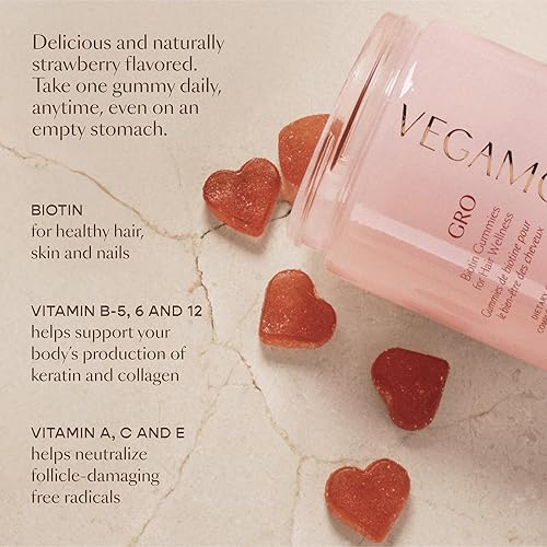 Miniatura 5 de VEGAMOUR GRO Biotin Gummies, Strawberry Flavor with 5000 mcg Biotin, Supports Healthy Hair Vegan Gummies with Vitamins A, B, C, E, B-12 & More, 30 Ct