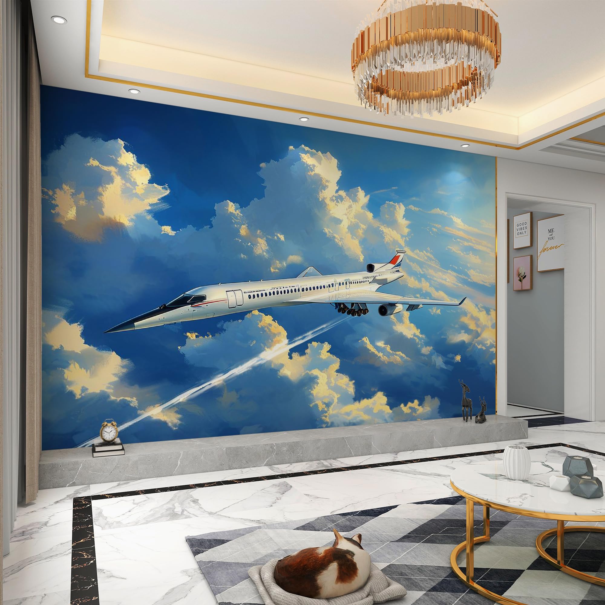 Générique Papier Peint Panoramique 3D 300x210 cm Avion Non-tissé Murale Maison Décoration Intérieure Ciel Nuages pour Chambre Salon Mur TV Artistique Poster Décoration Murale 2N1640