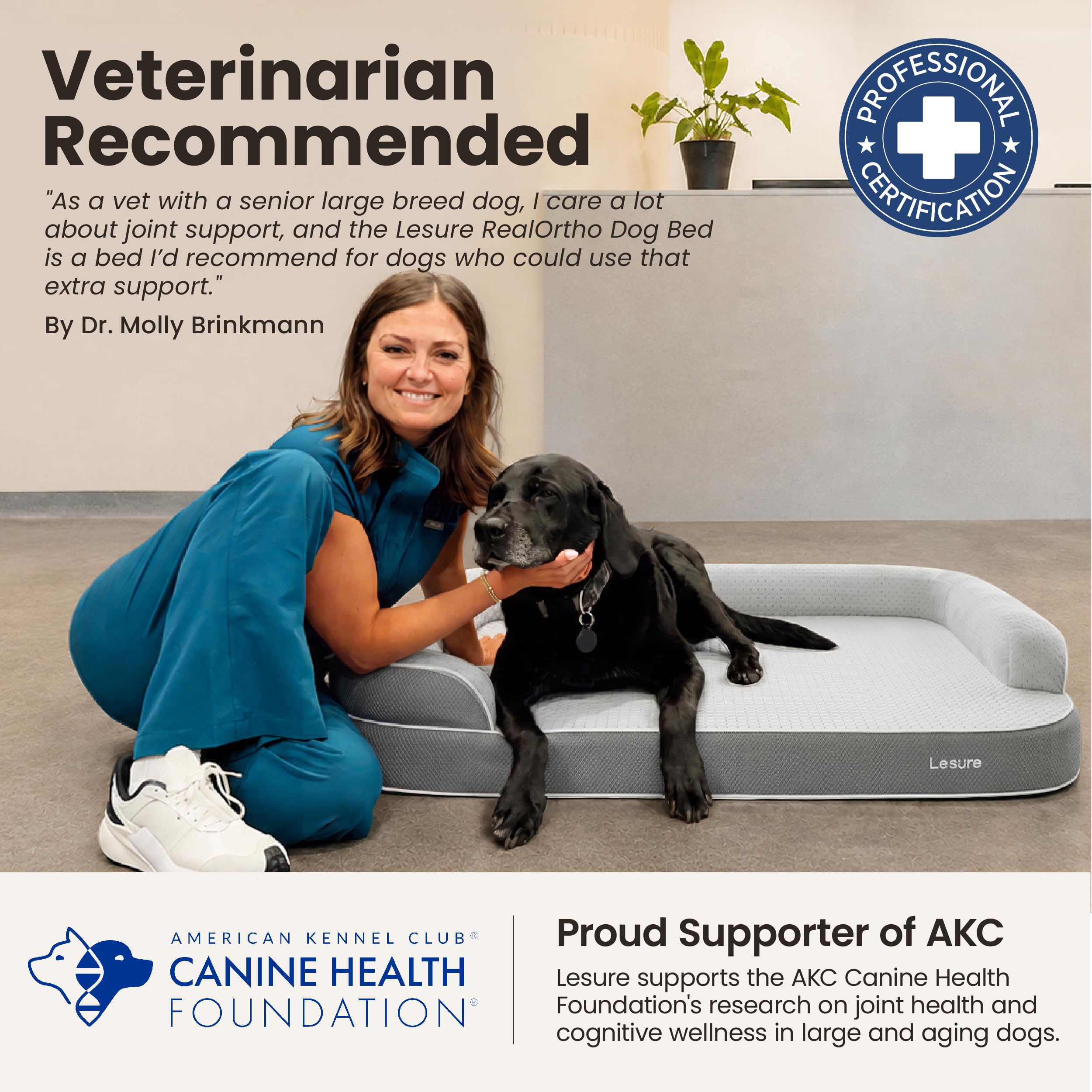 LE SURE RealOrtho™ Memory-Schaum Hundebett groß - orthopädisches Hundesofa | Premium 3-Schicht Stützschaum Hundekorb, Senioren-Gelenkschutz, wasserdichter & waschbarer Bezug für Tiefschlaf, 106cm grau