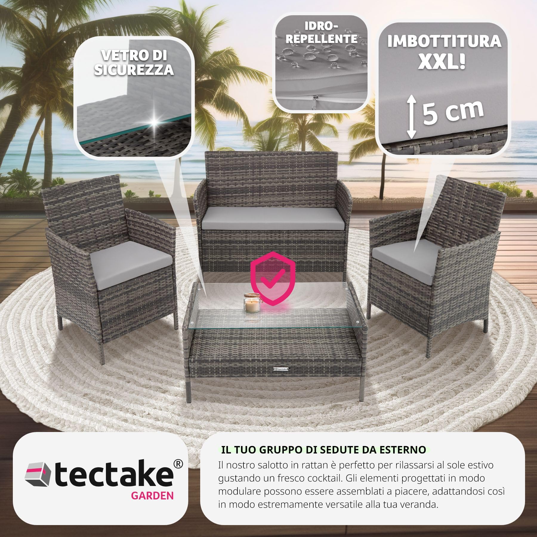 Tectake Set Mobili da Giardino in Polyrattan con Tavolino Vetro, Panca e Sedie con Cuscini - Grigio