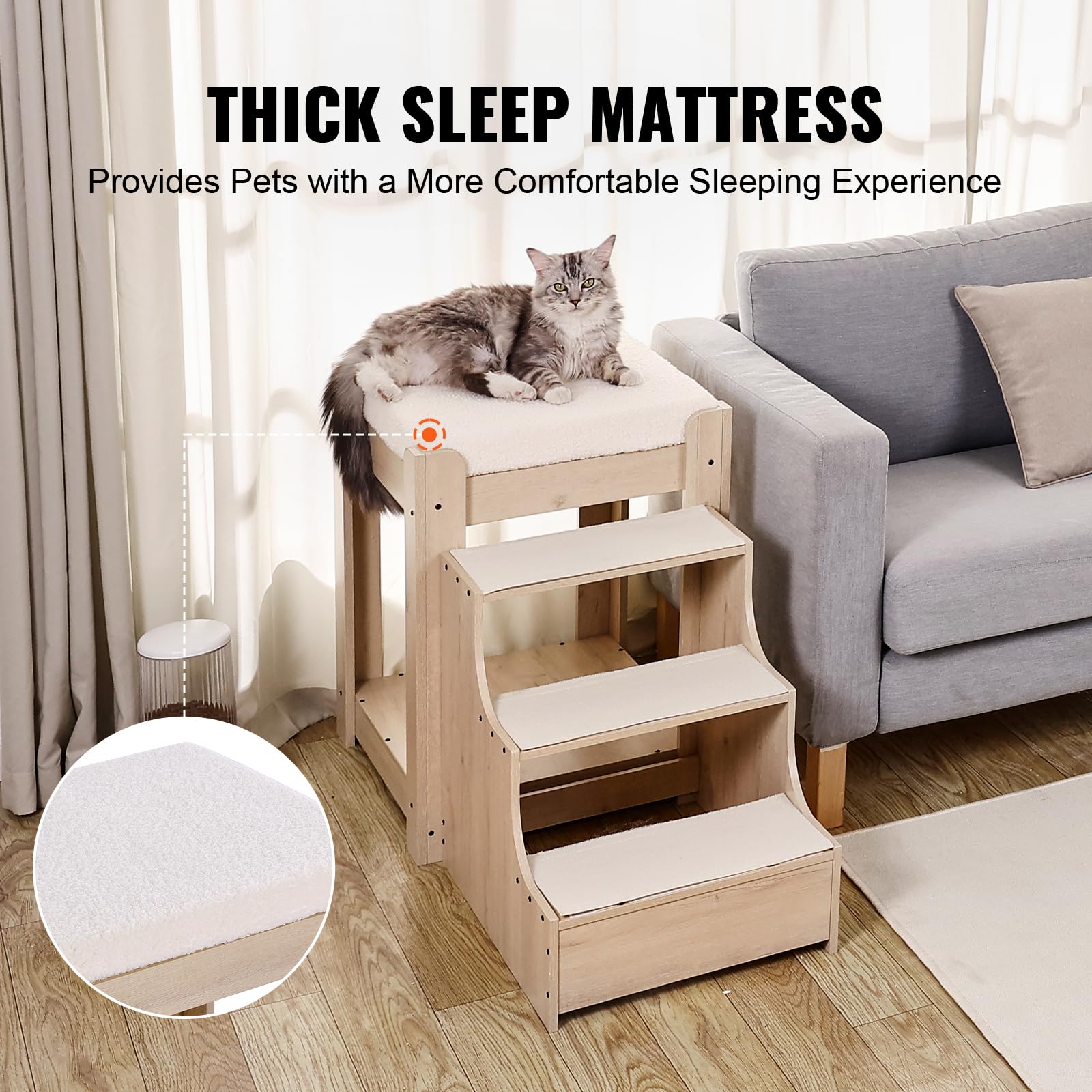 VEVOR Letto a Castello per Animali Domestici con Scale, Trespolo per Finestra per Cani/Gatti a più livelli per Uso Interno Accanto a Letto, Piattaforma di Seduta Rialzata con Cuscino in Schiuma, Beige