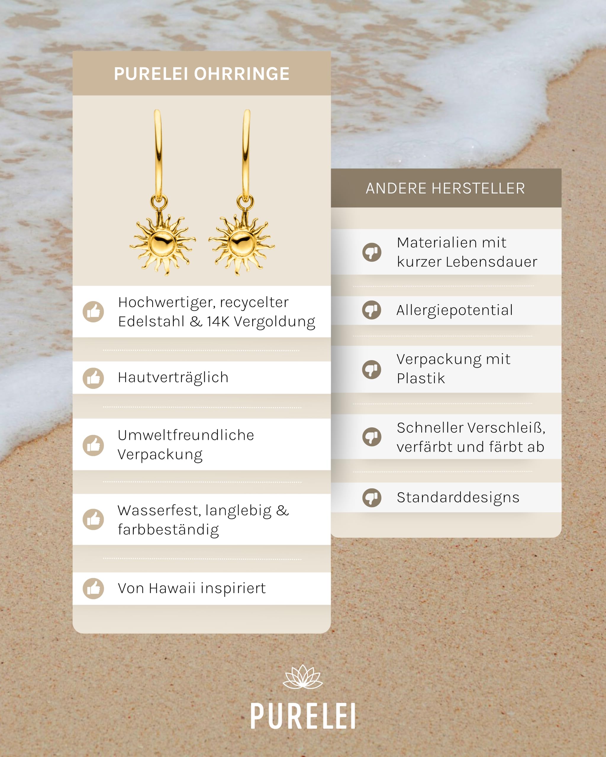 Purelei Sun Ohrringe – Damenohrringe aus langlebigem Edelstahl – Wasserfeste Ohrringe Damen – Modeschmuck für deinen individuellen Look