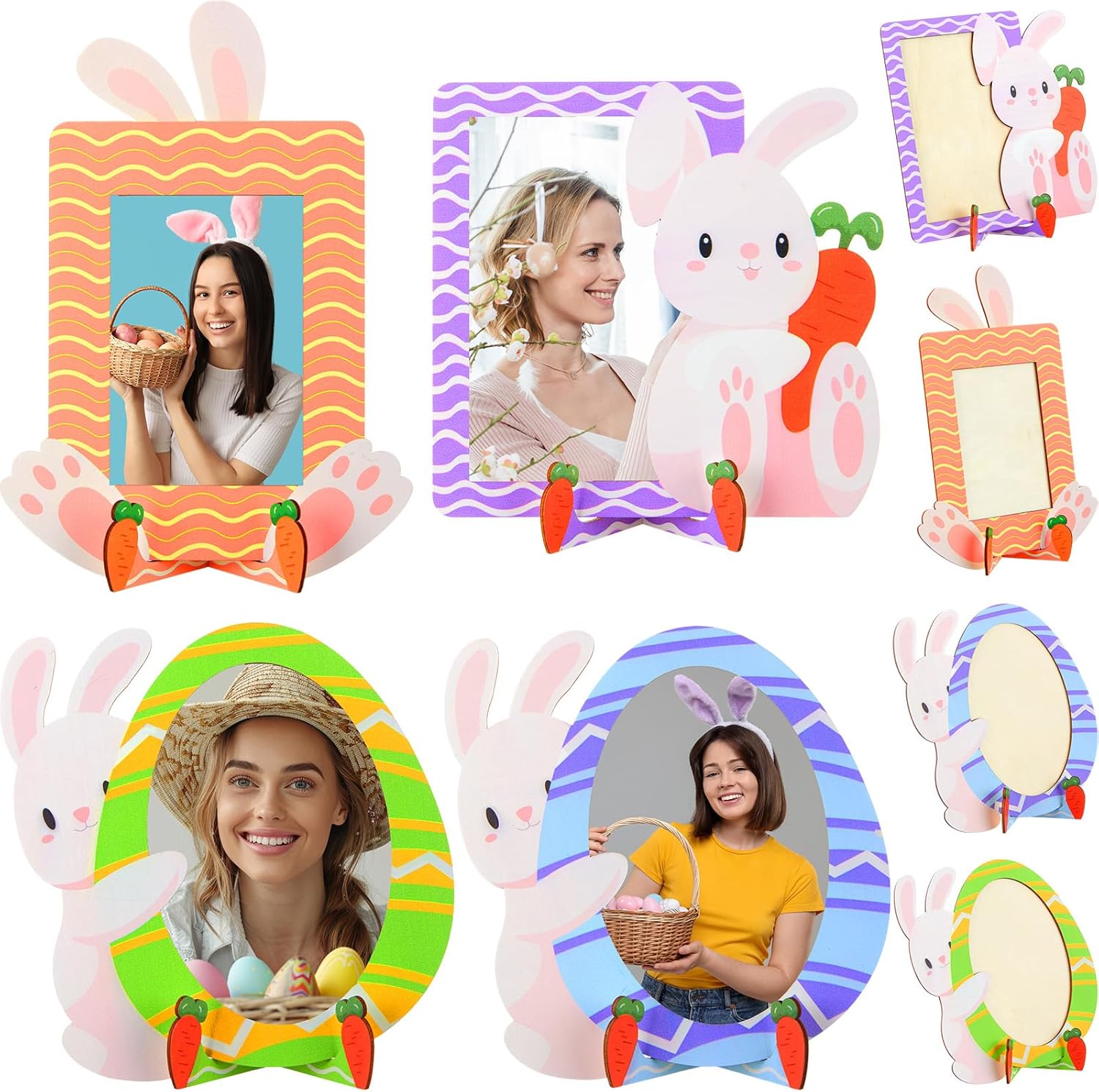Youyole 8 Pcs 4 x 6 Inch Easter Bunny Picture Frame with Stand Wooden Decorative Tabletop Photo Postcard Display Picture Frame with Stand Spring Gifts Home Office Table Tabletop Easter Decoration