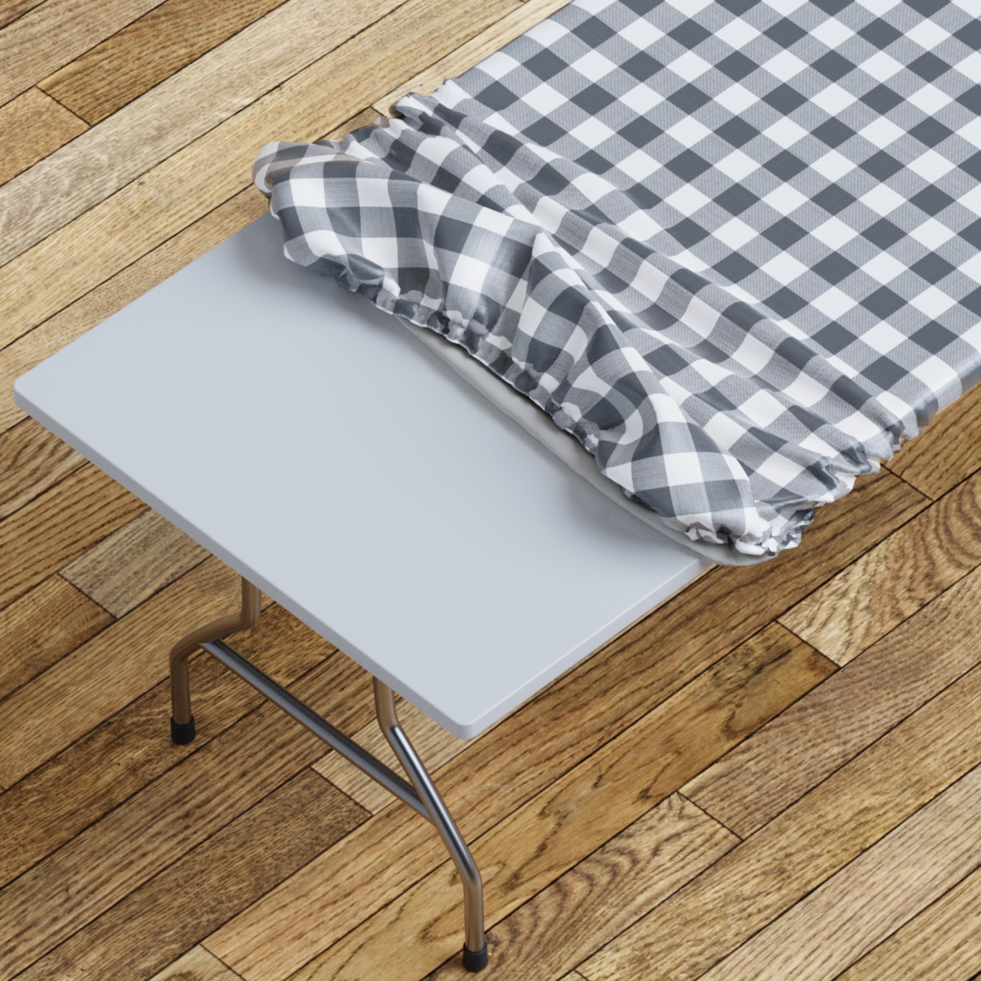 Sorfey Checkd Grey Tablecloth -Fitted With Elastic, Vinyl With Flannel Back, Fits For Table 72"X 30" Rectangle,Water Proof, Easy To Clean, Checked Gray Design