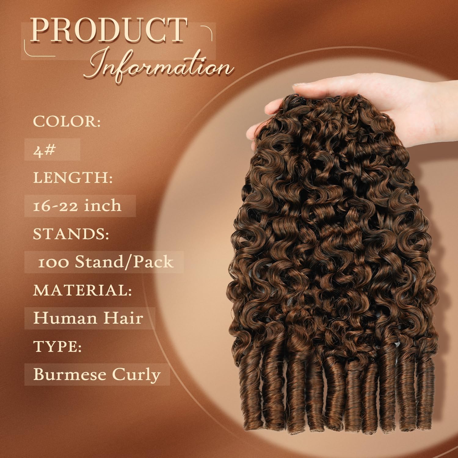 Burmese Curly Crochet Human Hair Color 4 Feather Crochet Human Hair 18 Inch 100 Strands Pre-Separated miracle knots Crochet Hair for Black Women 3C 4A Texture Human Hair Extension