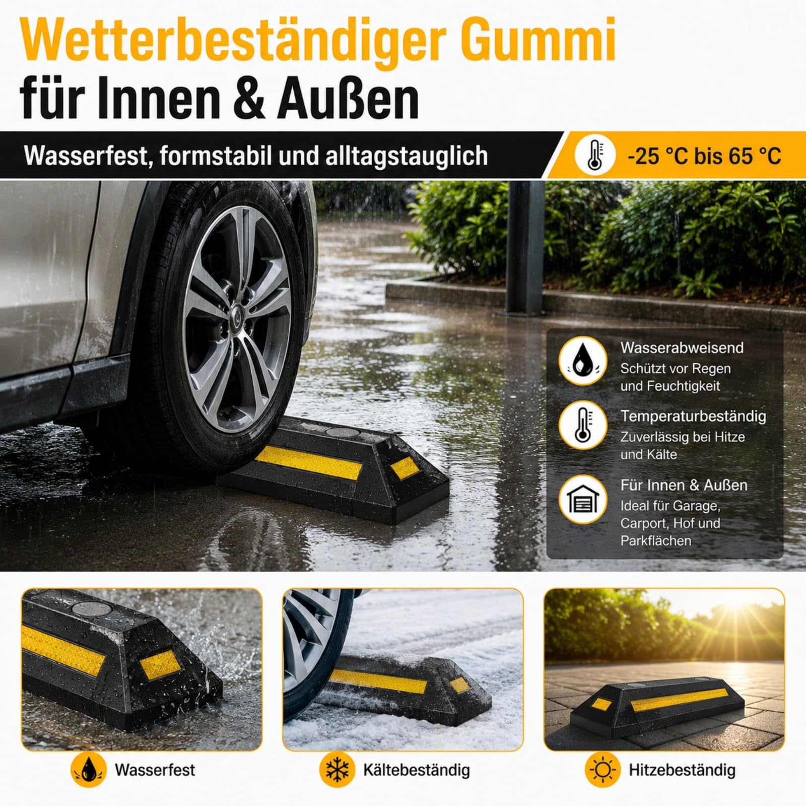 4 Stück Gummi Radstopper 54 x 15 x 9 cm mit Bodenankern | Präzise Einparkhilfe aus wetterbeständigem Gummi mit Reflektorstreifen für Garage, Stellplatz und Außenbereich.