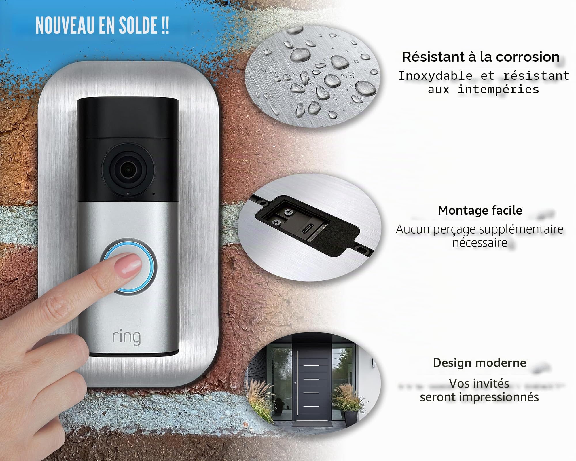 Ouverture en acier inoxydable | Accessoires pour sonnette vidéo/vidéo Doorbell Wired Plus câble & câble Pro | Support, panneau, fixation, plaque pour sonnette sans fil Alexa d'extérieur