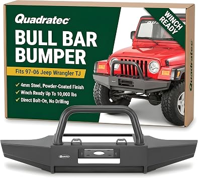Quadratec Front Bumper with Hoop Bull Bar, Without Fog Light Provisions - Fits Jeep Wrangler 1997-2006 TJ and Unlimited - Winch Compatible - Textured Black Powder Coat Finish - Detachable Grille Guard