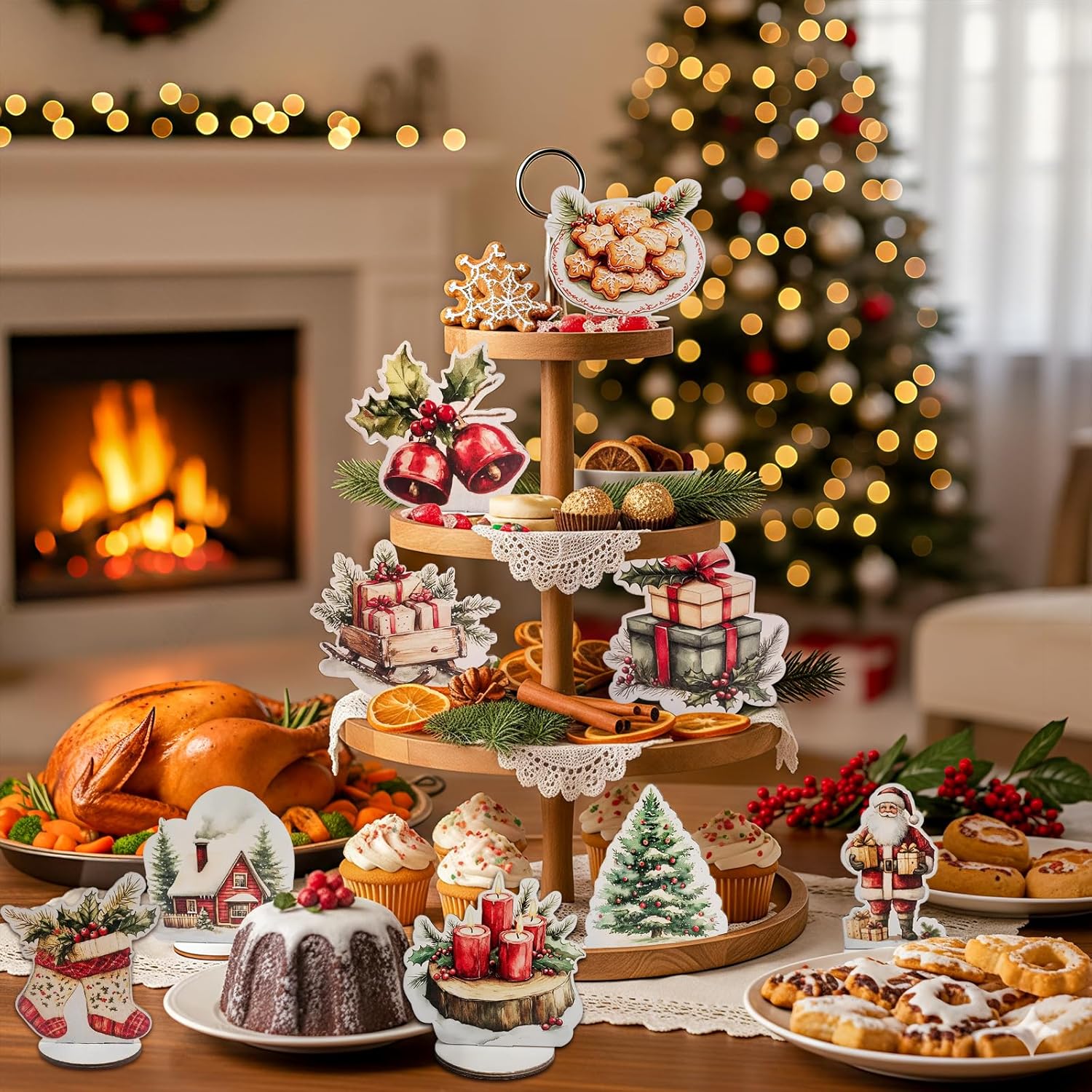 Wooden Christmas Table Centerpiece Decorations, Holiday Ornaments with Santa, Stocking, Tree Design, 9 Piece Set with Stand - Image 7