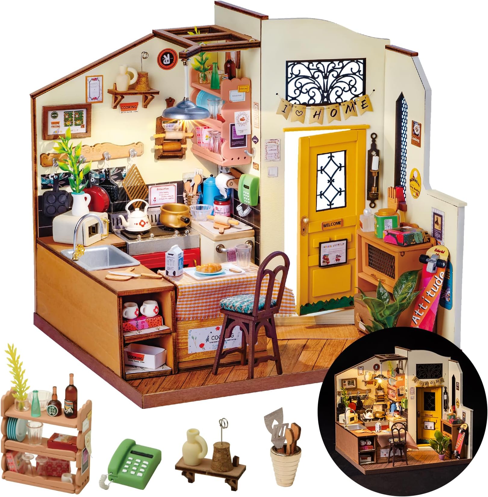 DIY Miniature Cozy Kitchen House Kit for Adults to Build, Tiny House Making Kit with Furnitures, Halloween/Christmas Decorations/Gifts for Family and Friends (Cozy Kitchen)