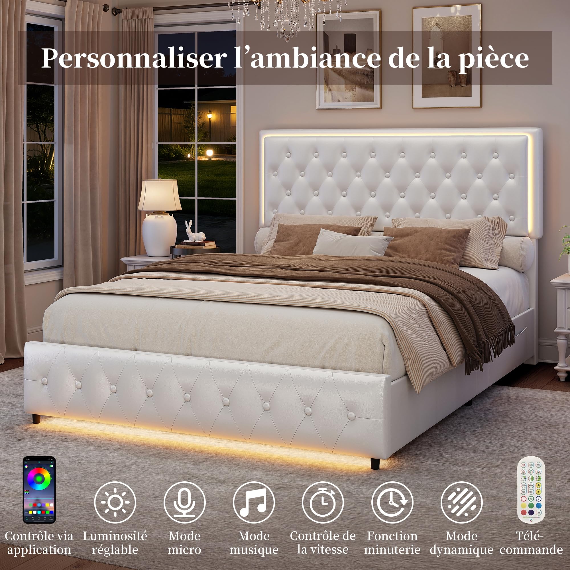 SIBEDS Polsterbett 140x200cm mit Stauraum Lattenrost, Kopfteil, Weiß