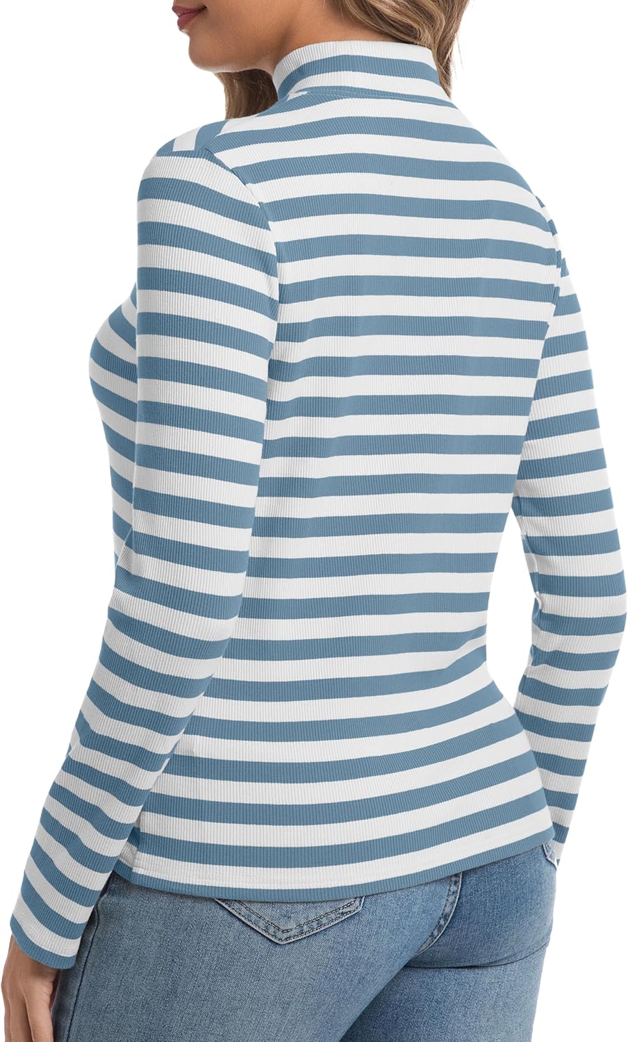 Women's Long Sleeve Stripe Shirts Fall Casual Mock Neck Ribbed Knit Tops 2025 Fashion Clothes - Image 3