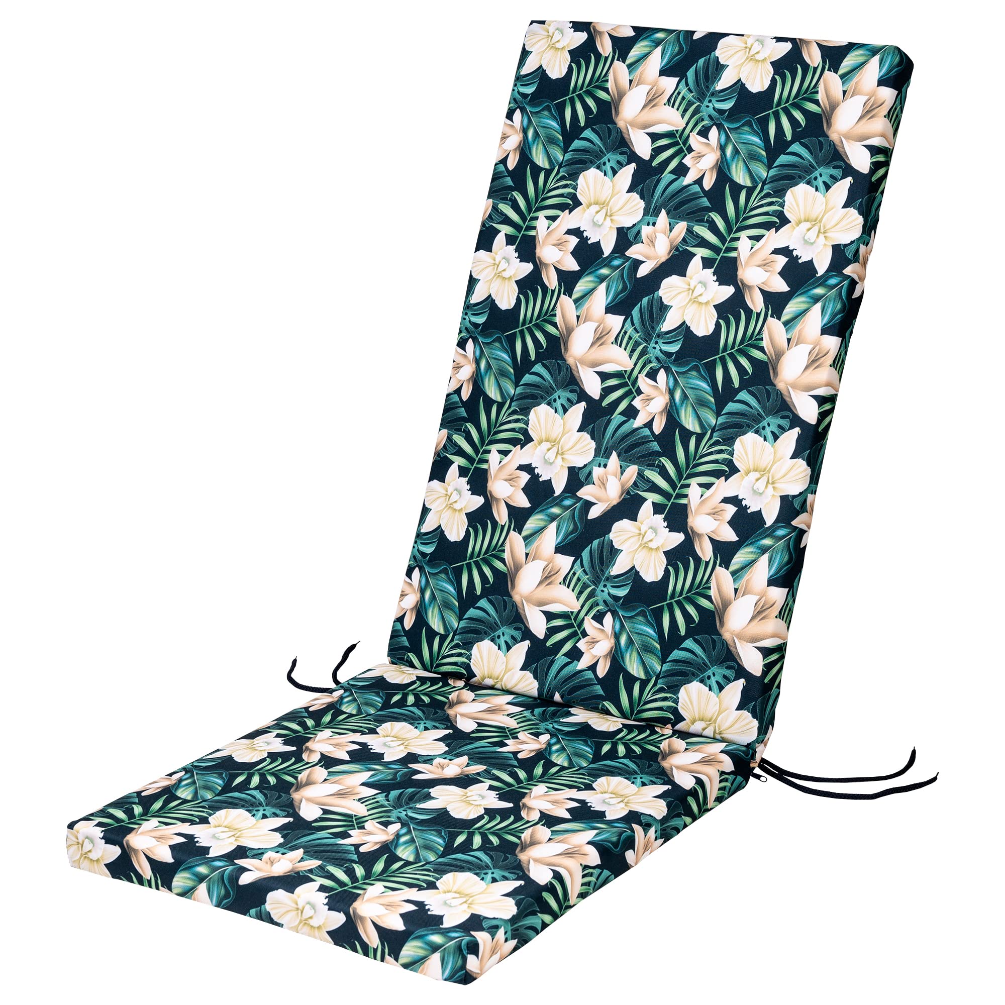 Softillo Tropical Flowers Waterproof High Back Chair Cushion With Ties - 120X45x4cm - Indoors/Outdoors Patio Seat Pad Cushion For Garden Chairs, Loungers, Recliner, Relaxer - Water-Resistant Material
