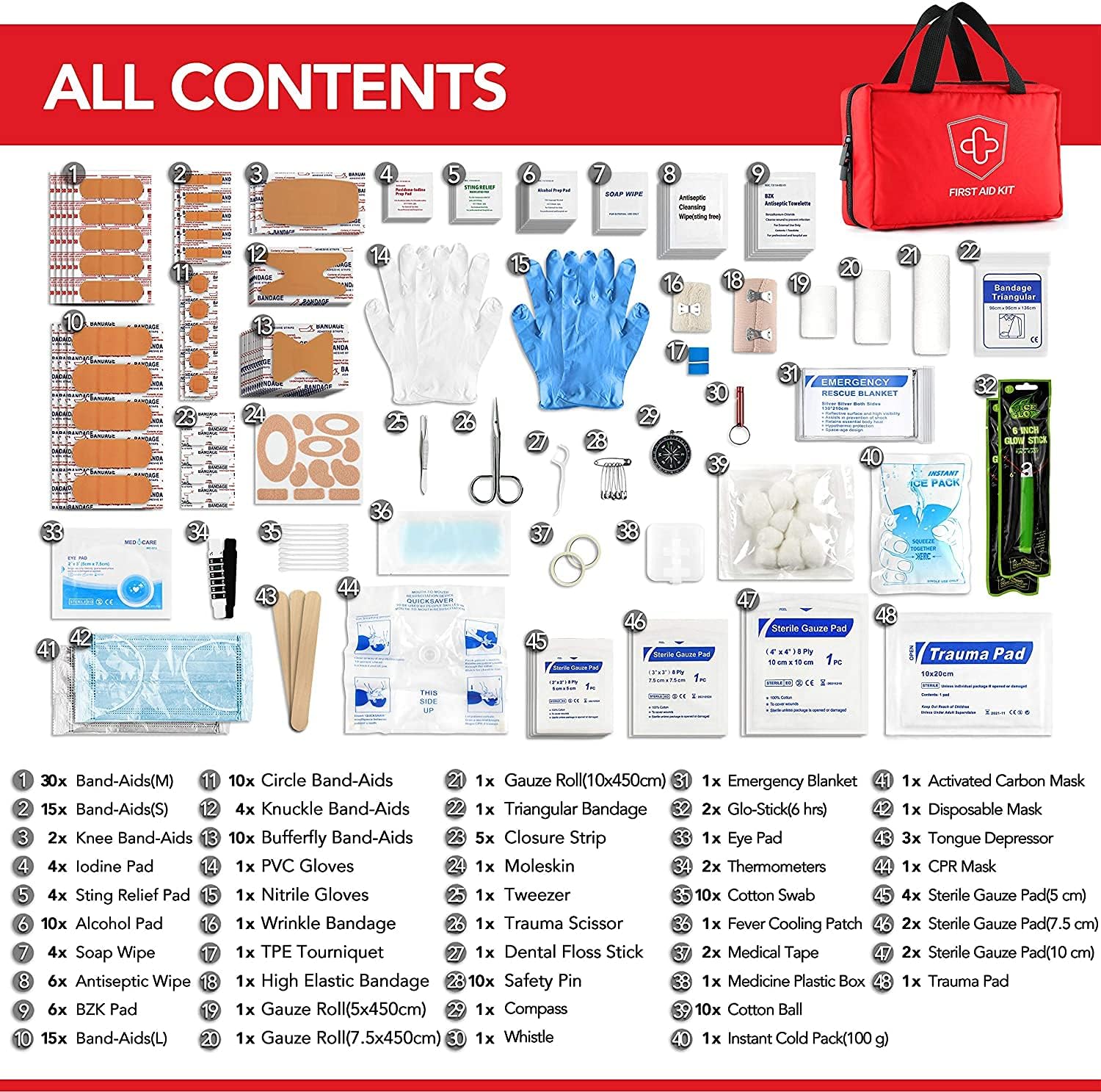 220 Piece First Aid Kit, Includes Emergency Foil Blanket, Scissors and Bandage, for Car Travel, Home, Workplace, Camping - Image 5