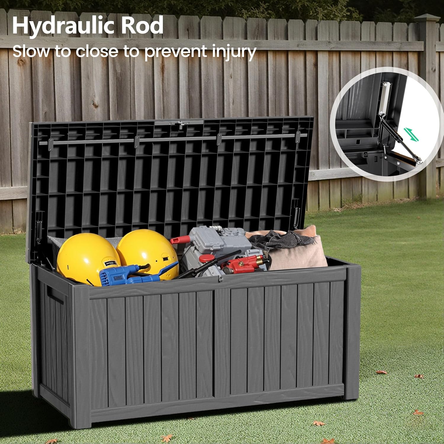 120 Gallon Outdoor Storage Box - Waterproof Resin Deck Box with Stainless Steel Rods - Lockable & Fade Resistant Storage Bin for Patio Cushions & Garden Tools, Black