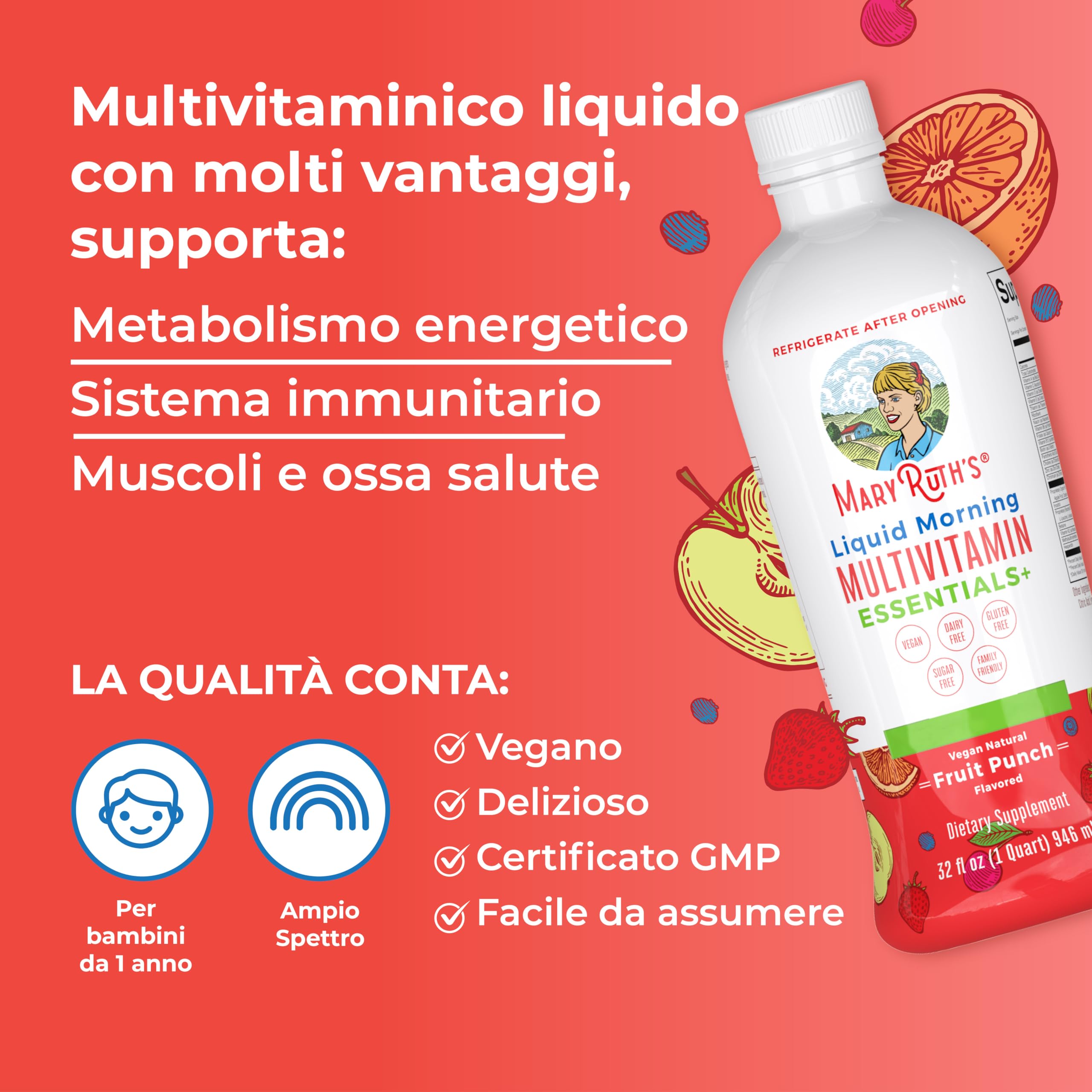 MaryRuth Organics, Liquid Morning Multivitamin Essentials+, Vitamine e Minerali Essenziali, Senza Zucchero, Gusto Punch alla Frutta, 946ml, Vegan, Senza Glutine