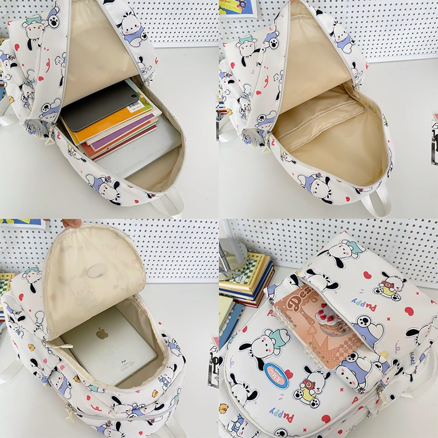 Roffatide Cartoon Pochacco All Over Print Casual Backpack Laptop Backpack Bike Travel Hiking Rucksack Daypack White (With Cute Pendants), LYB14104