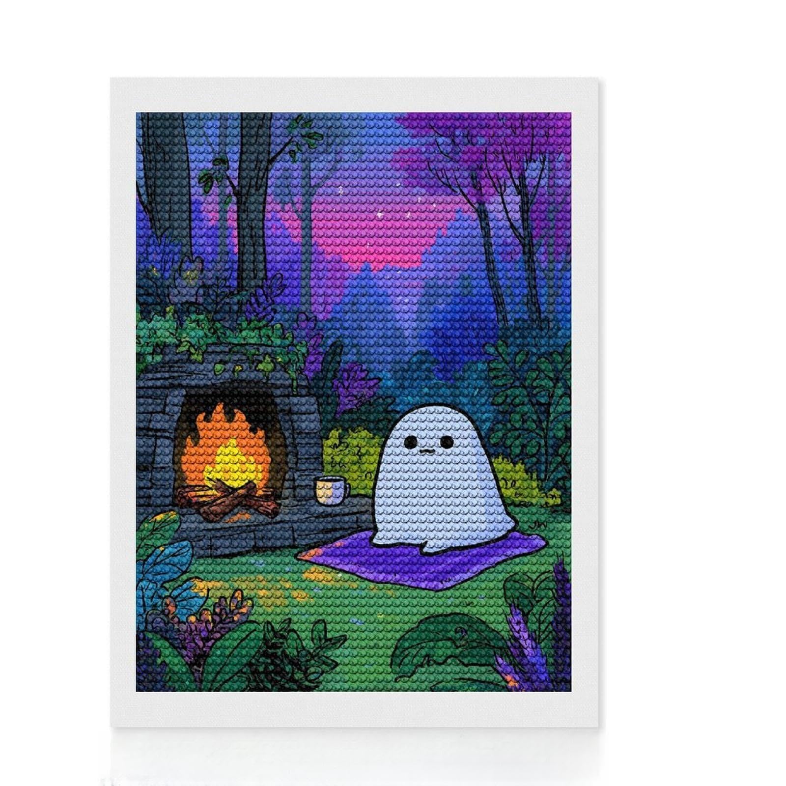 Junmoney Cozy Ghost by The Fireplace Diamond Art Canvas 12"x16", Neat Printed Canvas, Mindful Craft Activity, Cosy Home Accent, Festive Craft Gift