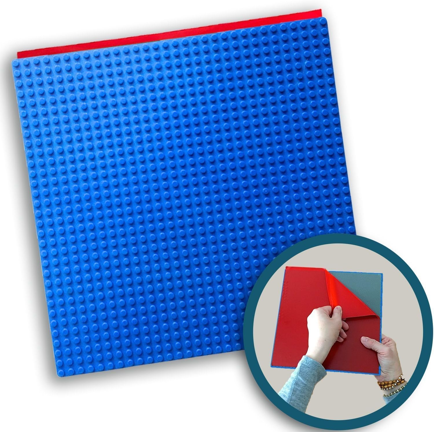 Creative QT MakerBase Peel and Stick Baseplates (Blue) 1 Piece 10”x10” - Peel and Stick Toy Building Blocks Stackable Baseplates for Play Tables, Walls & More - Compatible with All Major Brick Brands