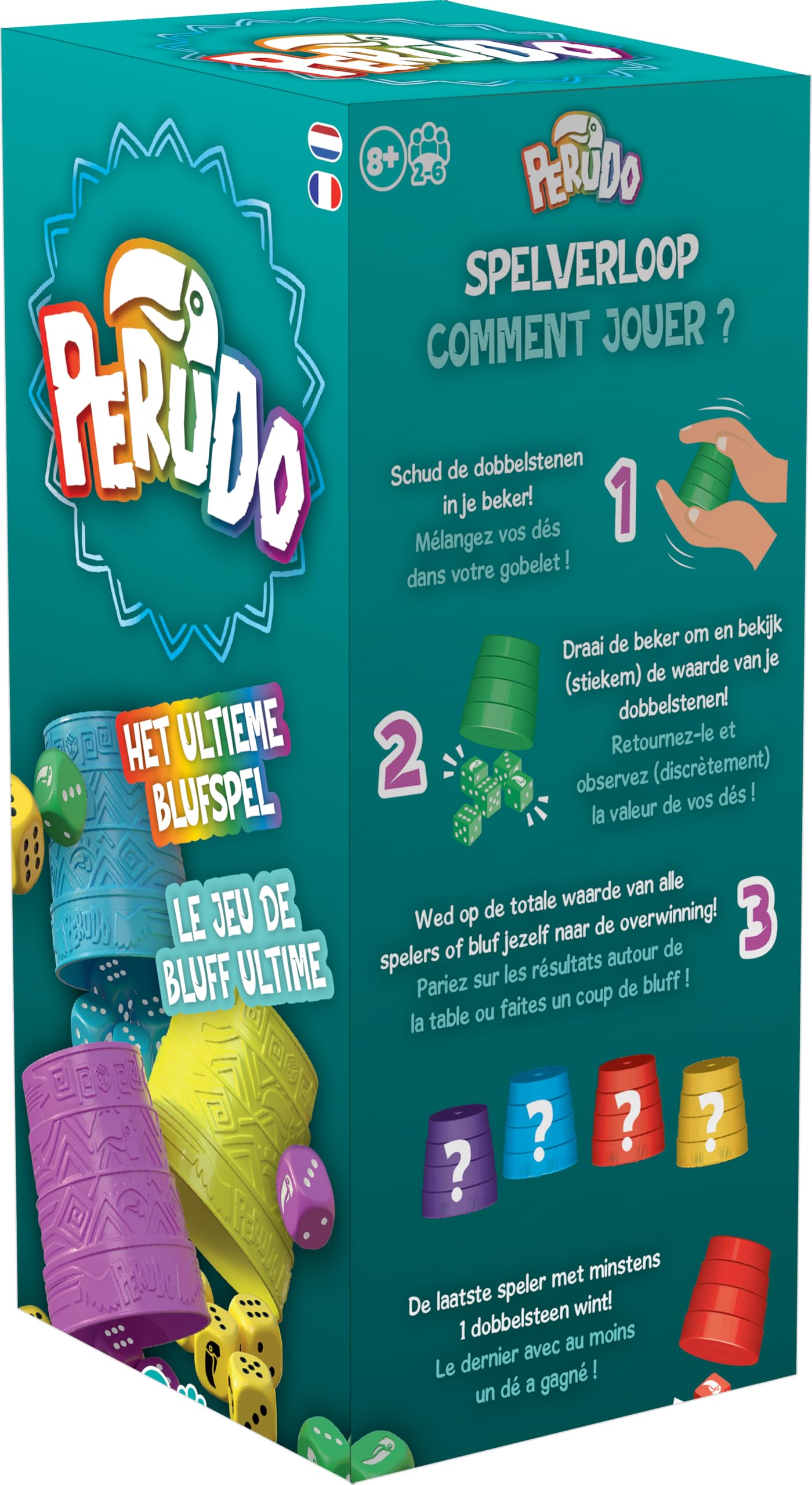 Asmodee | PERUDO (Nuova Versione) | Gioco da tavolo | per adulti e bambini | da 8 Anni | Scuotere, Parlare, Vincere | Dadi e Bluff | 2 a 6 giocatori | 30 minuti | Versione IT/NL