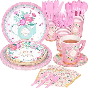 DECORLIFE Tea Party Supplies Serves 16, Tea Party Plates and Napkins Sets Include Paper Saucers, Teacups with Handles, Tableware for Girl's Birthday, Baby Shower, Total 128 PCS