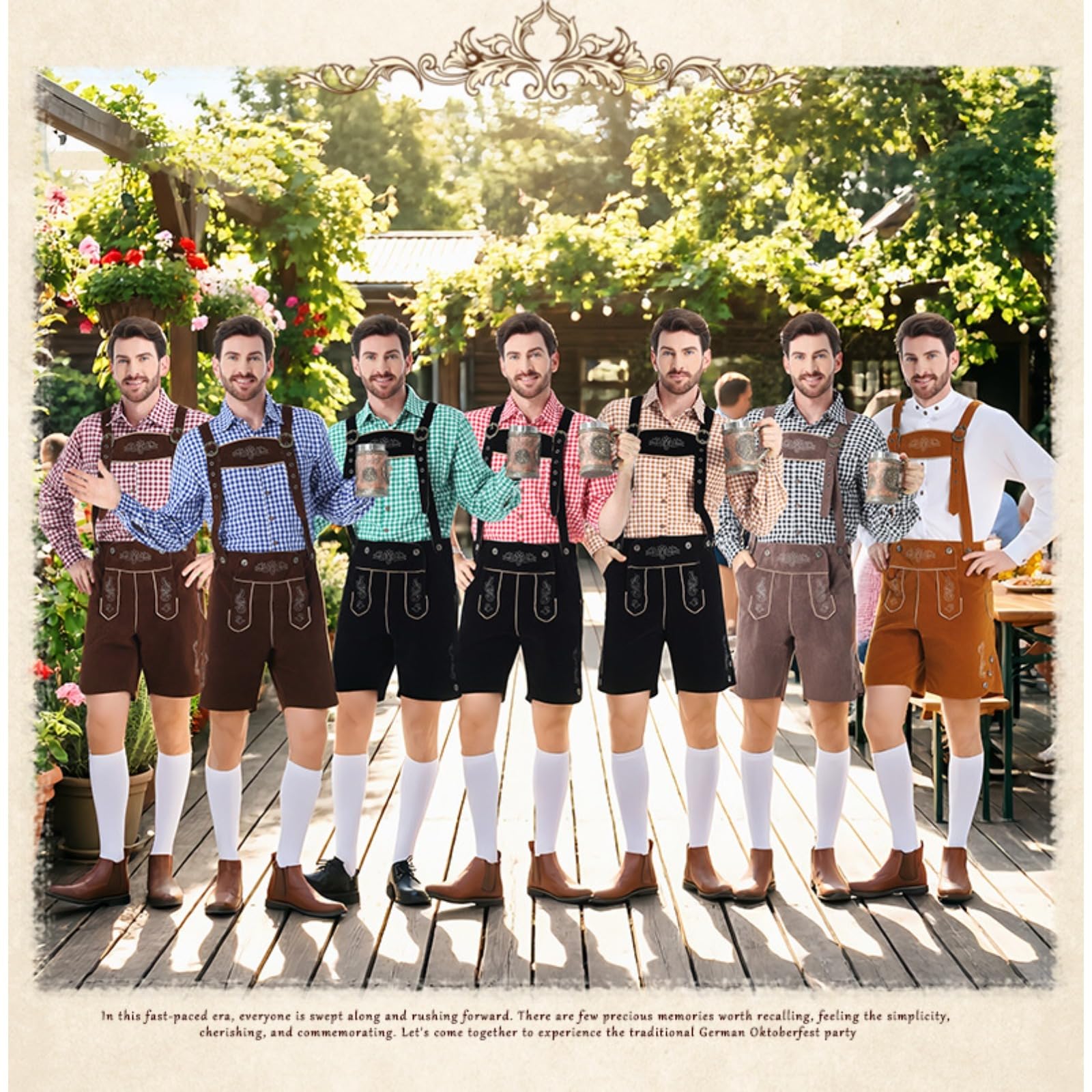 Oktoberfest Herren Trachten Set, Trachtenhose Herren Kurz in Wildleder Optik mit Hosenträgern & Kariertes Trachtenhemd Kurzarm, Bayerisches Wiesn Outfit für Männer