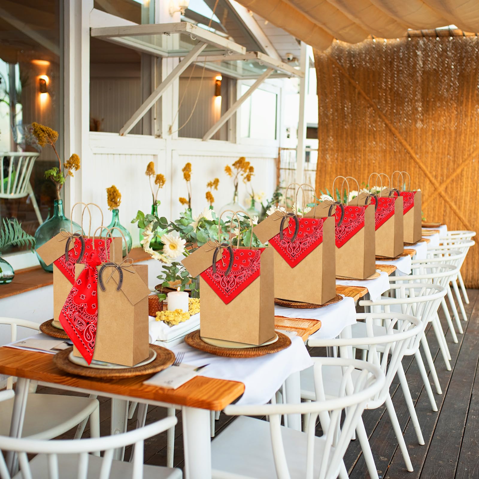 96pcs 24 Sets Western Cowboy Gift Bags Bulk For Rustic Wedding Cowboy Goodie Candy Bags With Good Luck * Red Bandana * Tags For Rustic Vi