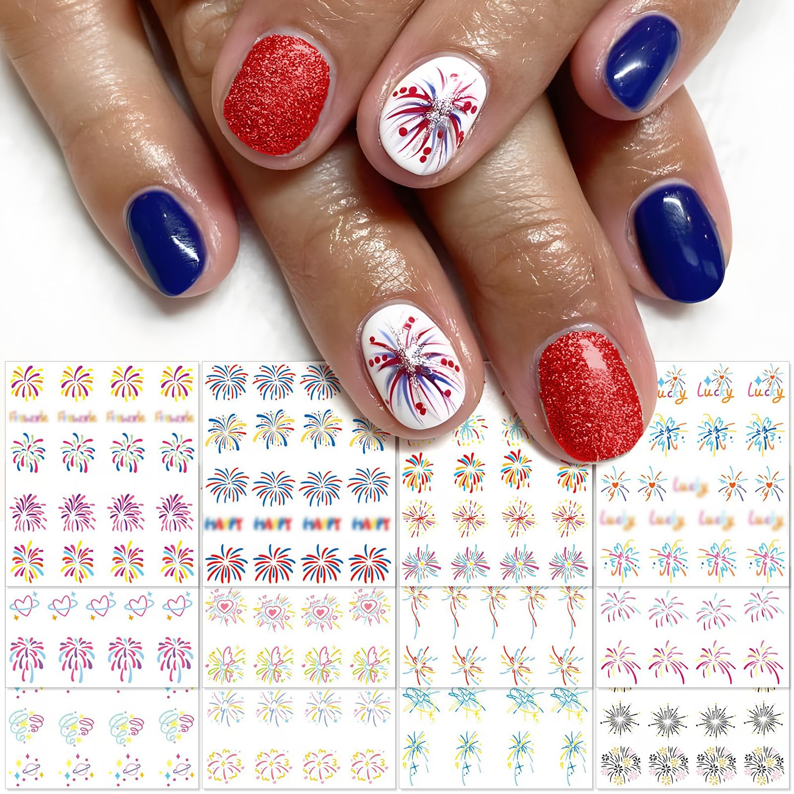 IDDFEVE 12 Sheets Firework Nail Decals - Water Transfer Celebrating The New Year, 4th of July Nail Stickers for DIY Patriotic Independence Day