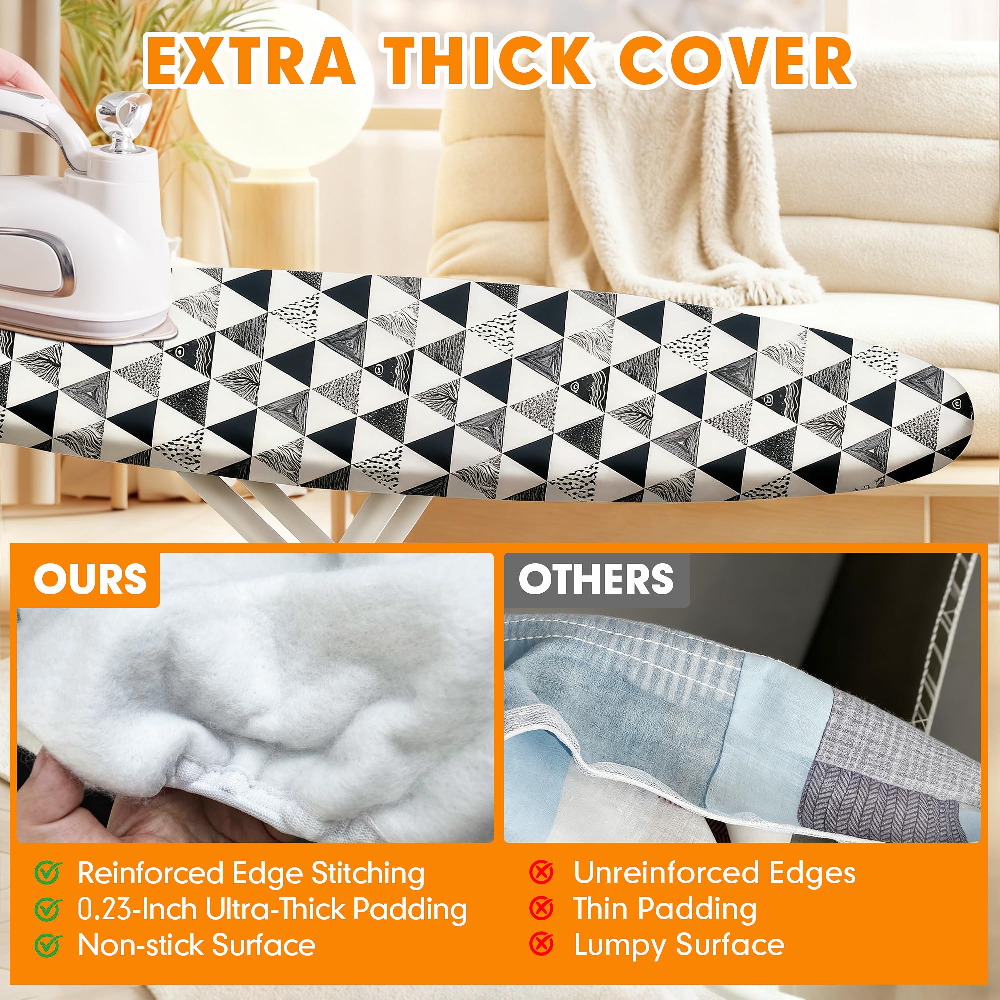 Funda y almohadilla para tabla de planchar, acolchado grueso, resistente a quemaduras y manchas, muy resistente, cierres ajustables y borde elástico, tamaño extraancho, 46 x 124 cm, gris geométrico