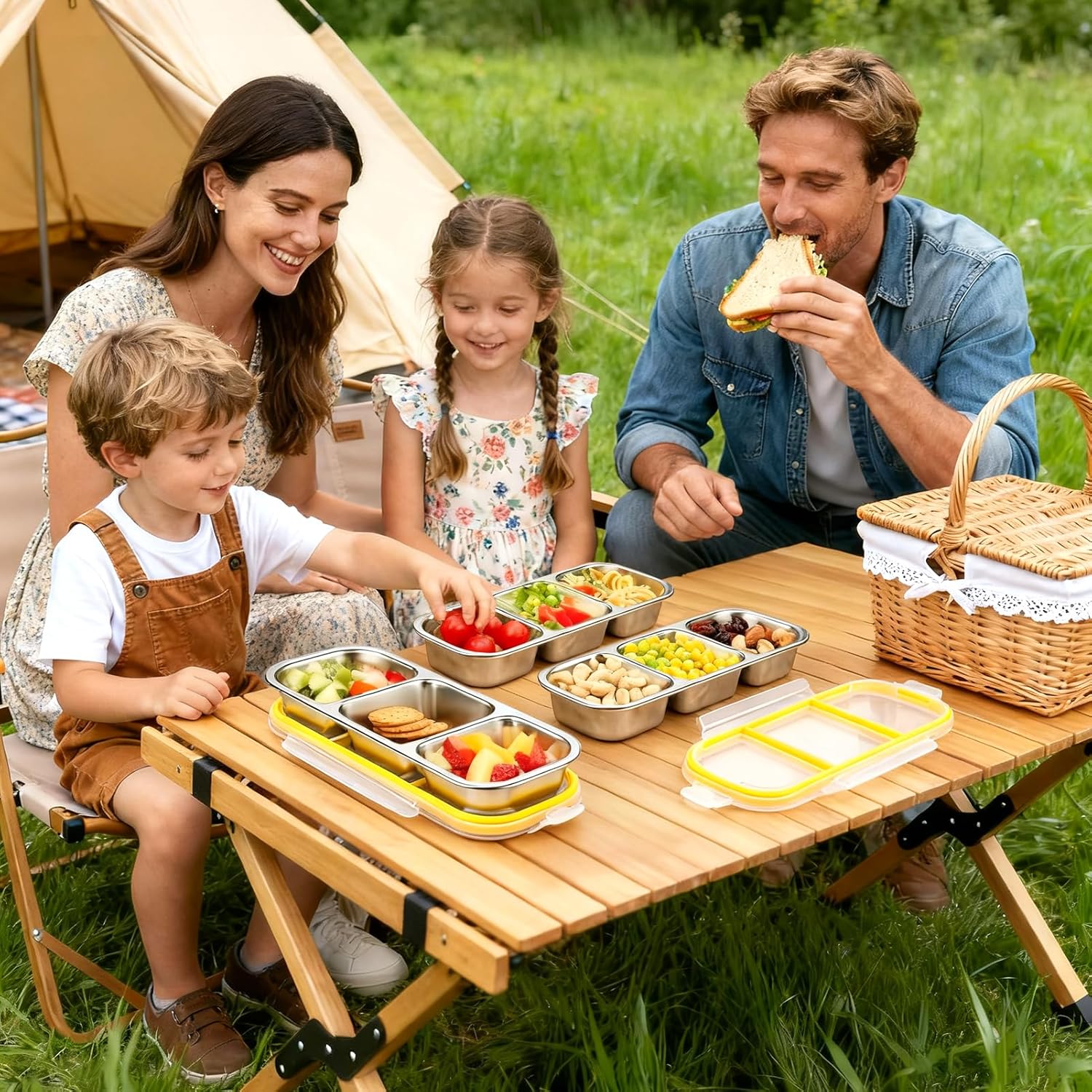 3 Pack Stainless Steel Snack Containers with Lids, Reusable Metal Food Storage Containers, 3 Compartment Leakproof Snack Box, Portable Bento Lunch Snack Boxes for Home, Travel, Outdoor and Camping