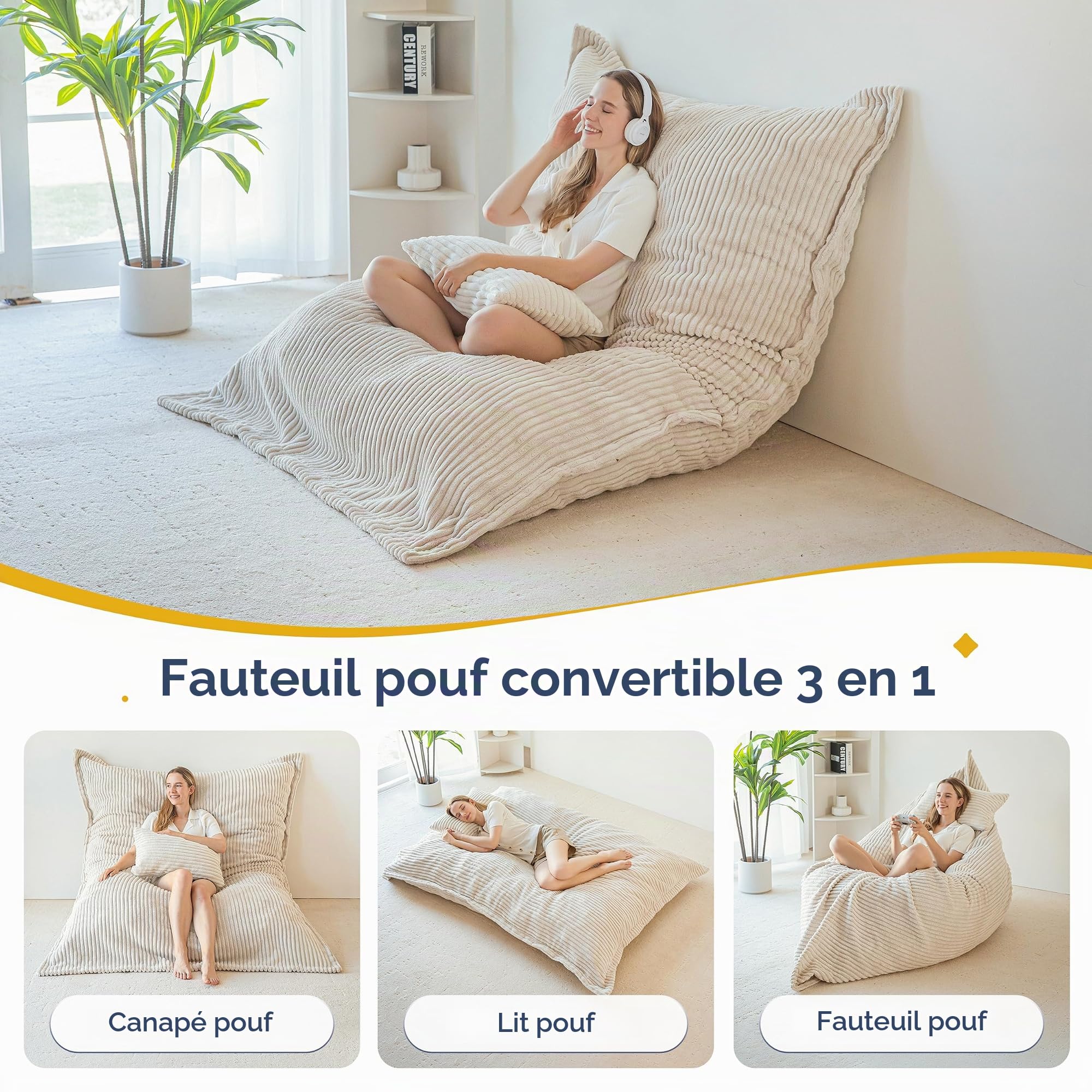 MAXYOYO Géante Pouf Salon, Housse Amovible en Velours Côtelé, Pouf Lit avec Rembourrage en Mousse Moelleuse, Bean Bag pour Adultes et Enfants