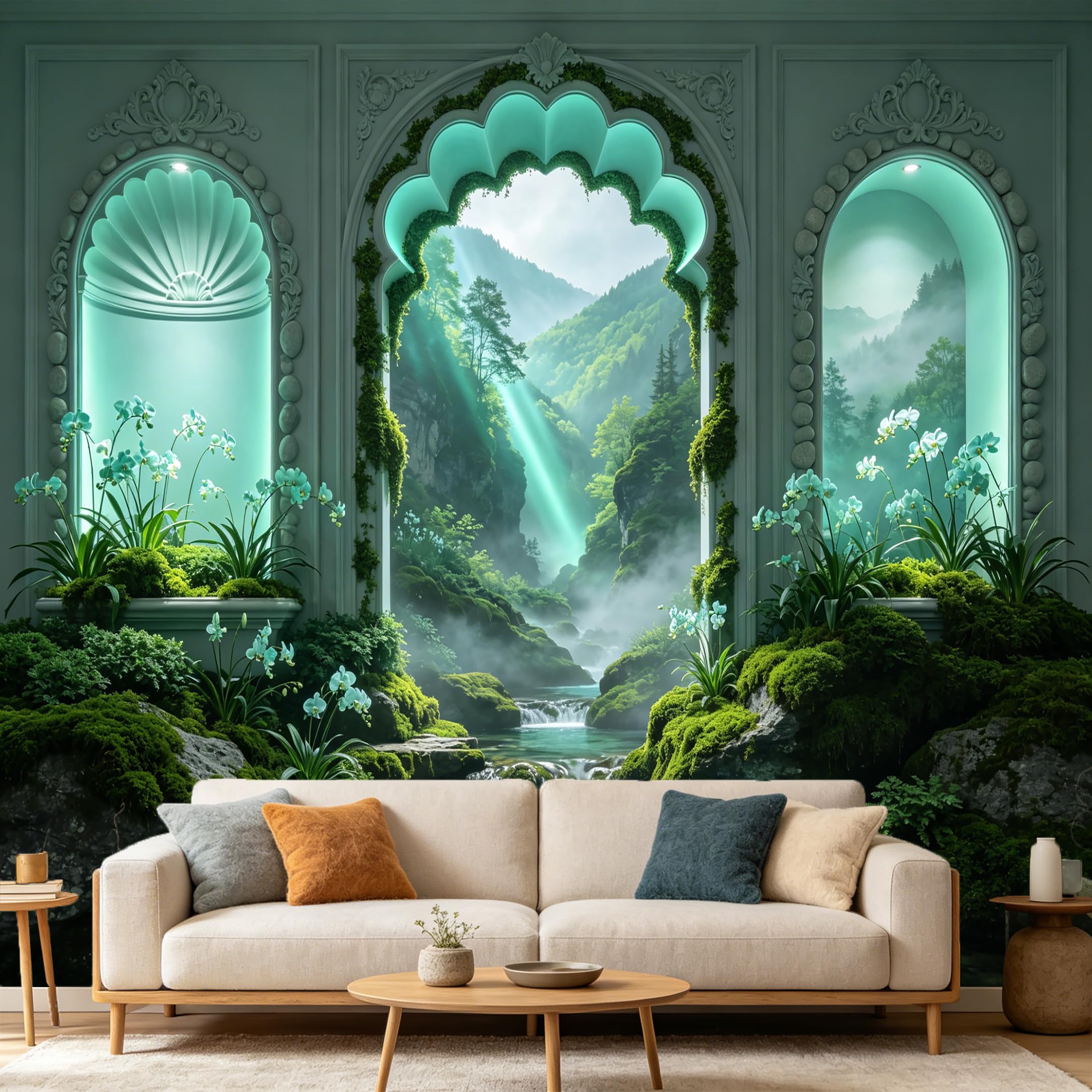 Custom Size Wall Mural， 3D Trompe L'Oeil Arch Window Mountain Lake Forest Botanical， SelfAdhesive Art Prints wall Fabric Removable Large Wallpaper Home Living Room Decor