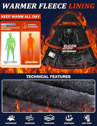 Miniatura 3 de MAGCOMSEN Chaqueta de invierno para hombre, esquí, nieve, impermeable, con forro polar, para snowboard, parka cálida con capucha, 5 bolsillos