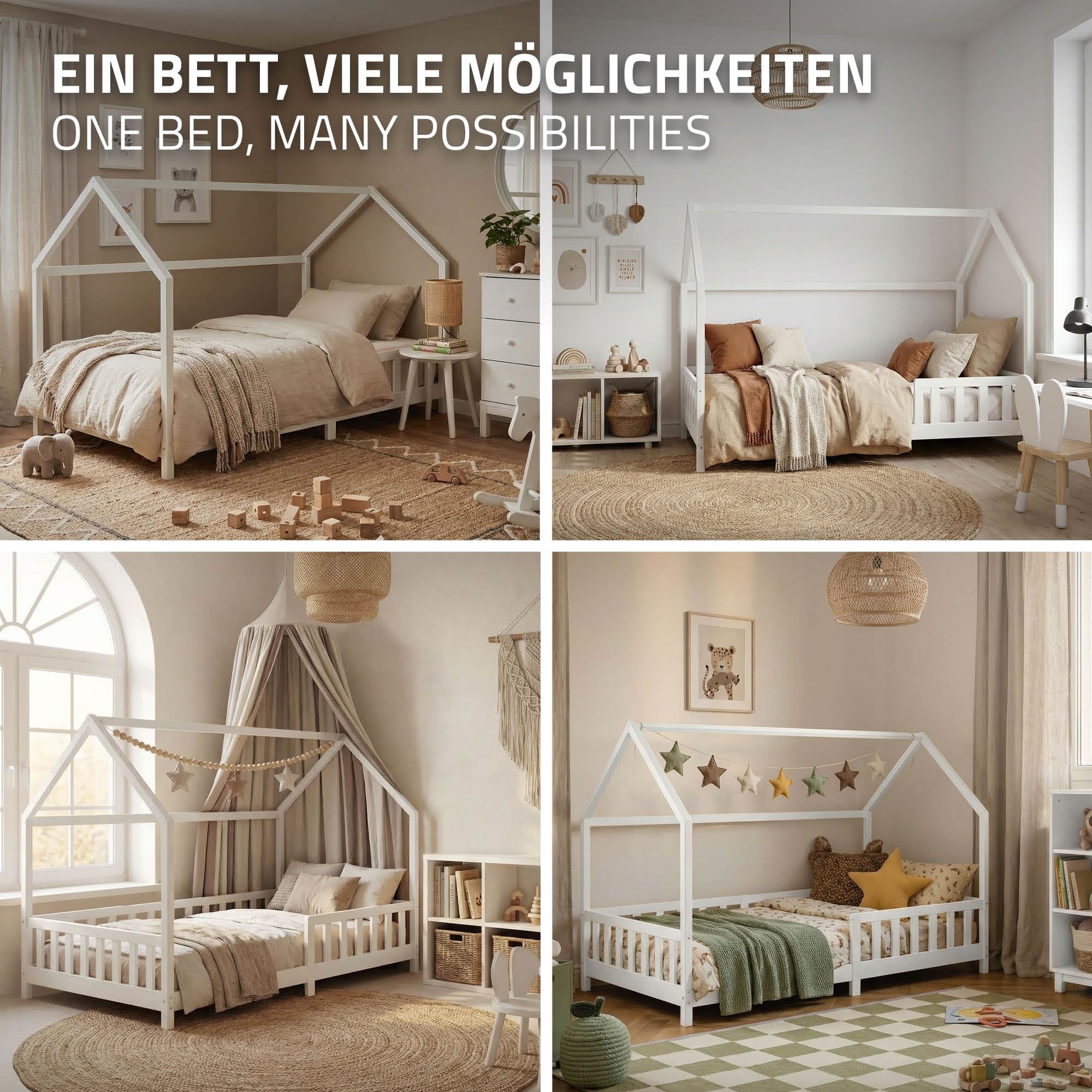 ML-Design Kinderbett Hausbett 120x200 cm mit Matratze, Rausfallschutz, Dach & Lattenrost, Weiß, Bettgestell aus Kiefernholz, Montessori Bodenbett, Holzbett für Mädchen & Jungen, Jugendbett Doppelbett
