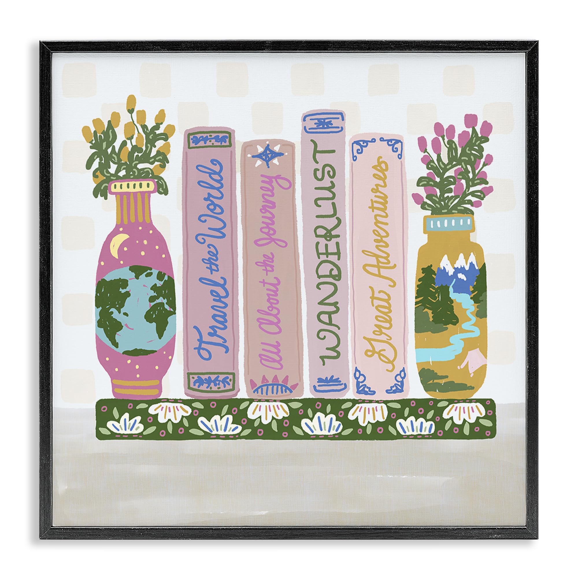 Stupell Industries 'Boho Travel Books Shelf', Framed Giclee Art, Black, 12 x 12 Inches, Easy to Hang and Sturdy, Made in USA, by Connie Summers