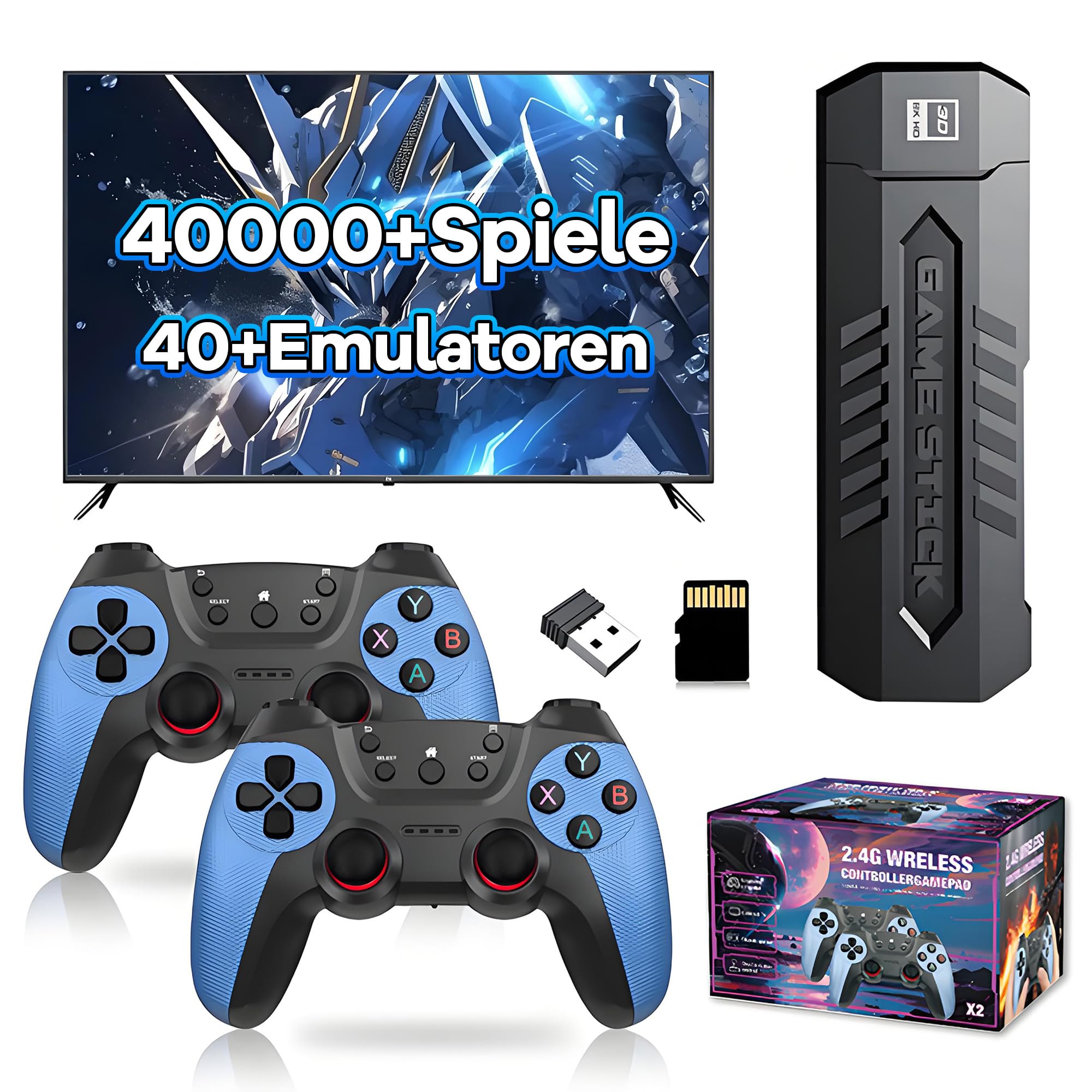 X2 Blue Retro Spiel Stick 4K, Emulator Videokonsole, Mit 40.000+ Retro Spiele, 40+ Emulatoren, Plug and Play Video Spiel Stick (128GB, 2 x 2,4 GHz Wiederaufladbarer Drahtloser Controller)